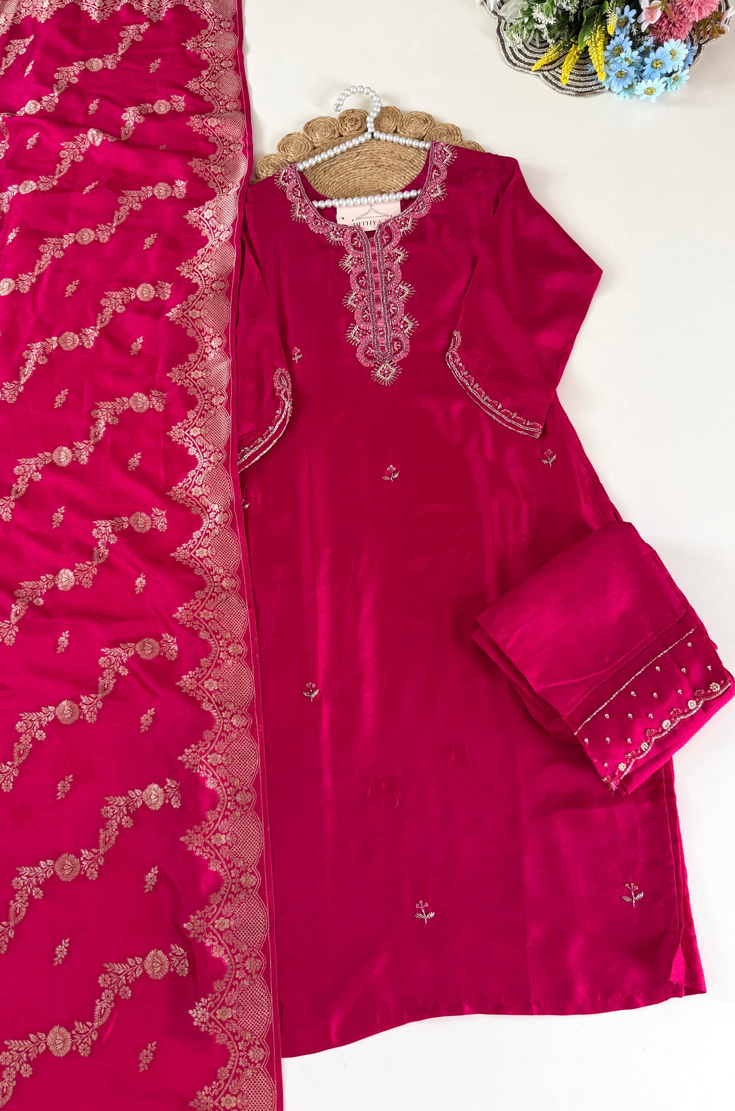 K640 - Dola silk Handwork straight Kurti with pants and dupatta