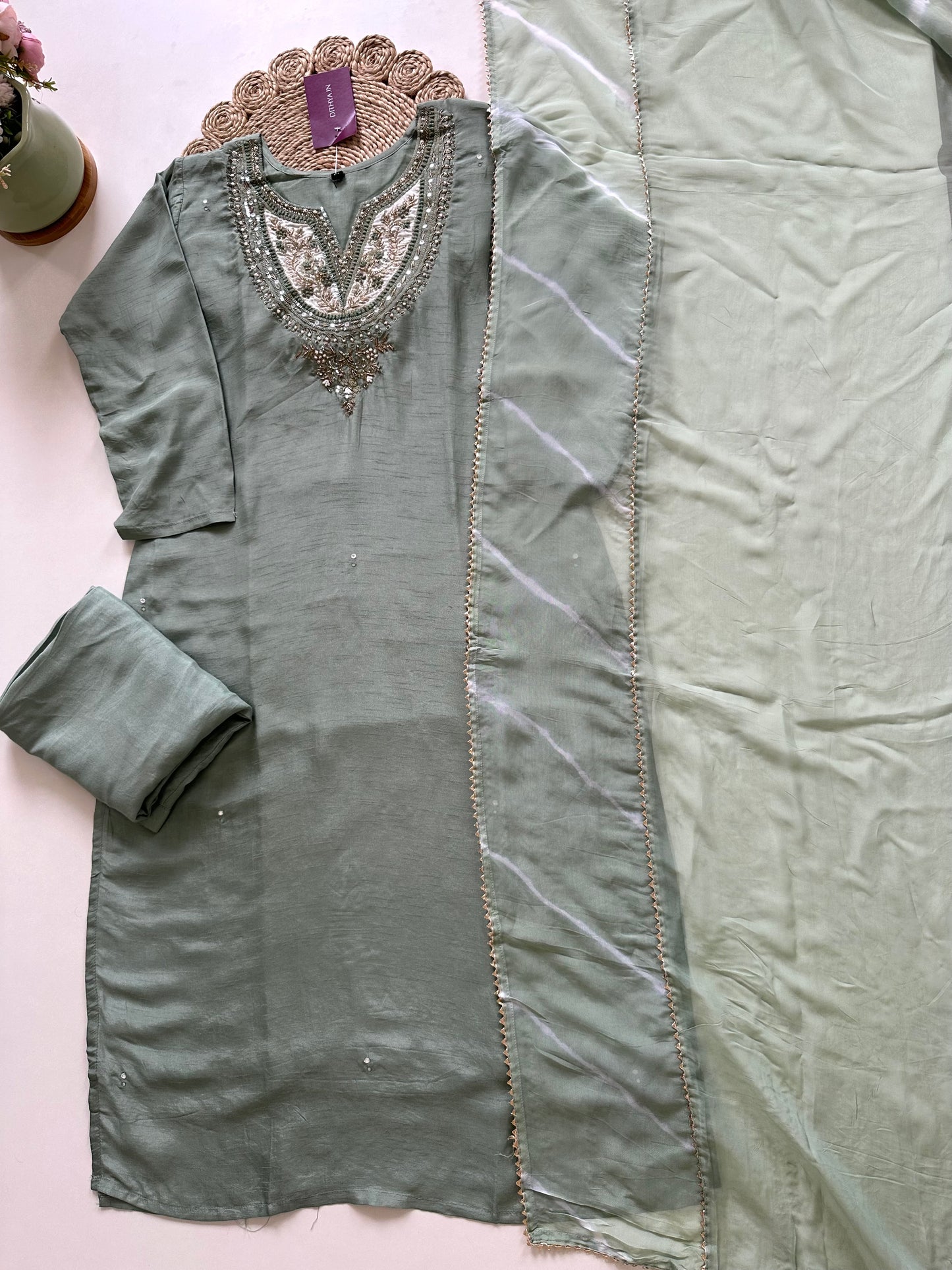 K086 - Russian silk Handwork straight Kurti with pants and dupatta .