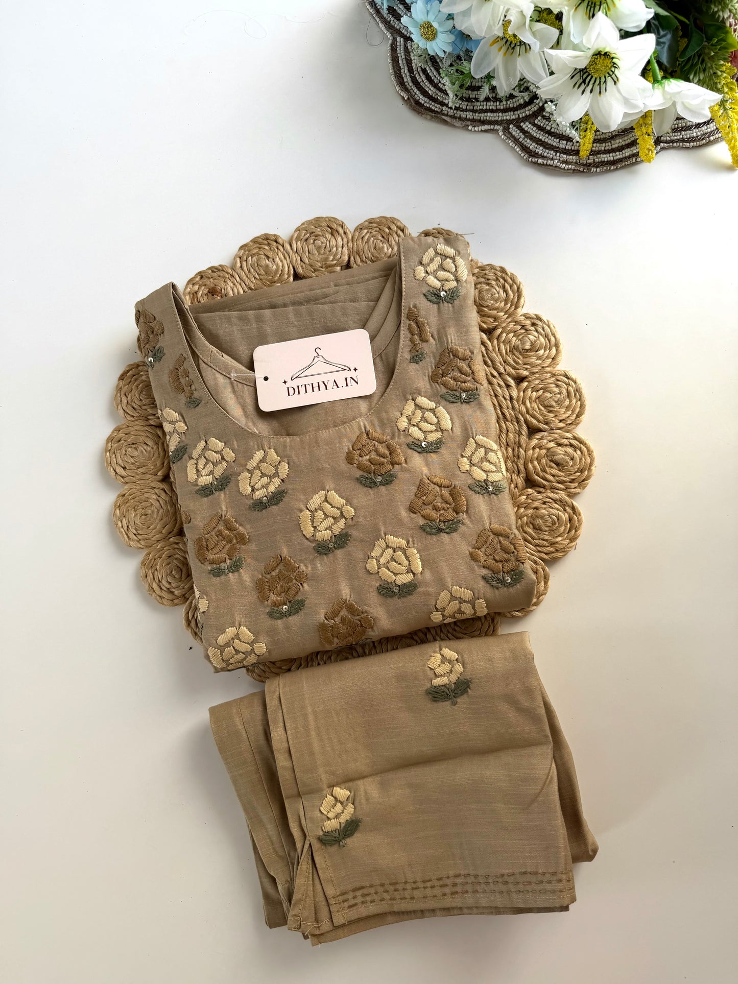 K114 - Mul cotton embroidered straight Kurti with pants