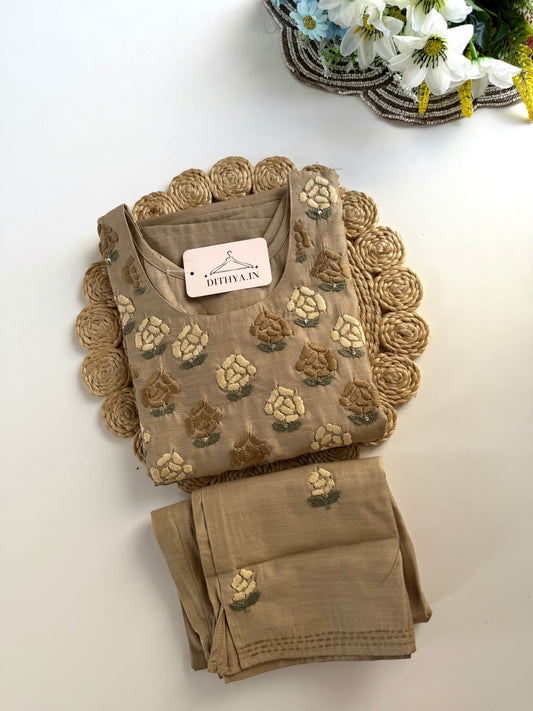 K114 - Mul cotton embroidered straight Kurti with pants