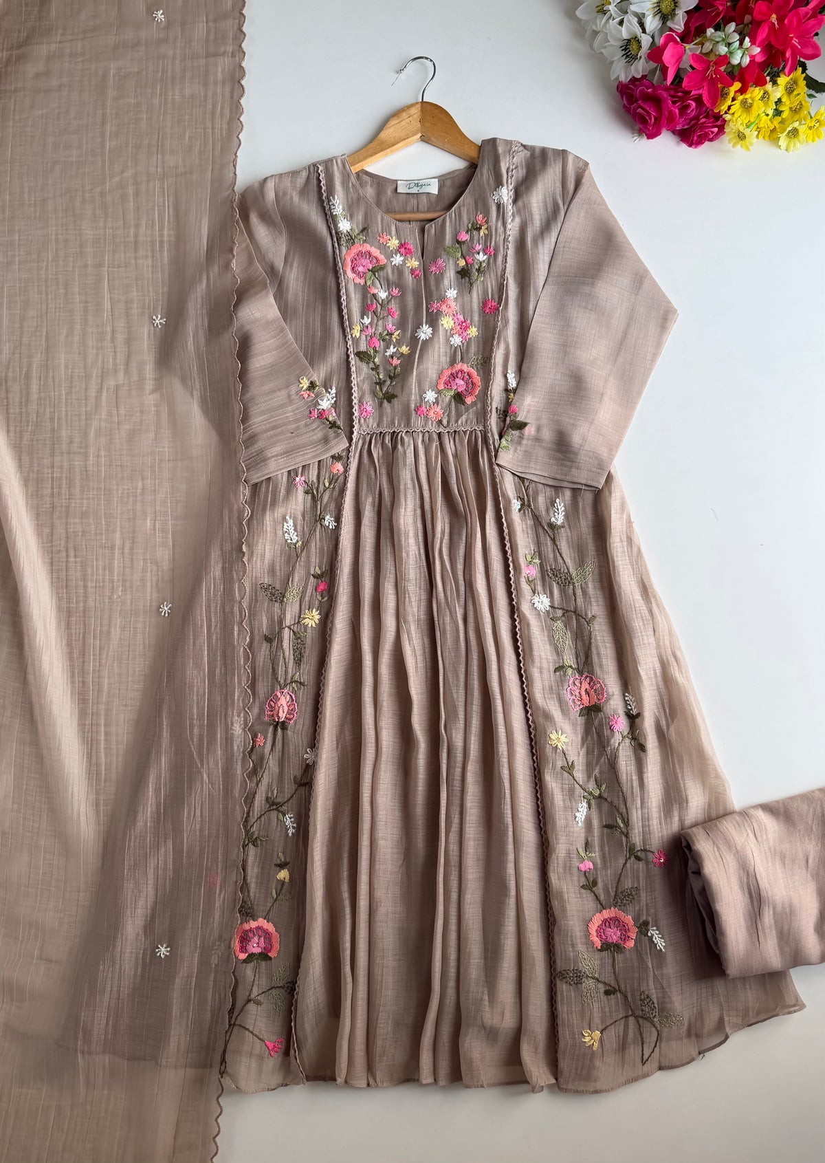 K711 - Mul chanderi embroidered Anarkali with pants and dupatta