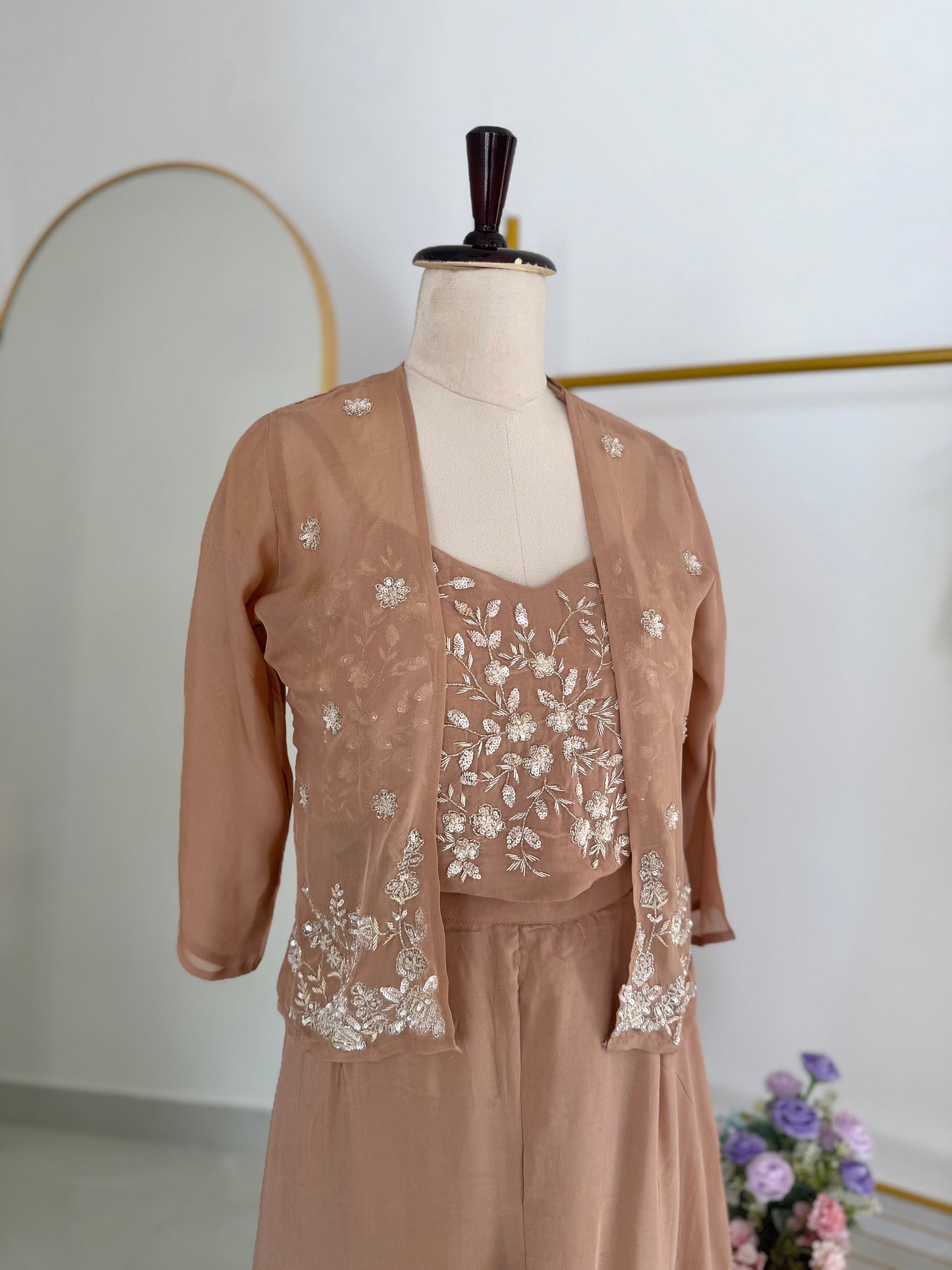 K338 - Pure viscose organza handwork crop top with jacket and divider pants