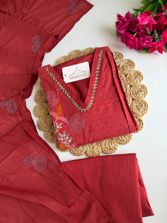 K721 - Mul cotton embroidered Aline Kurti with pants and dupatta