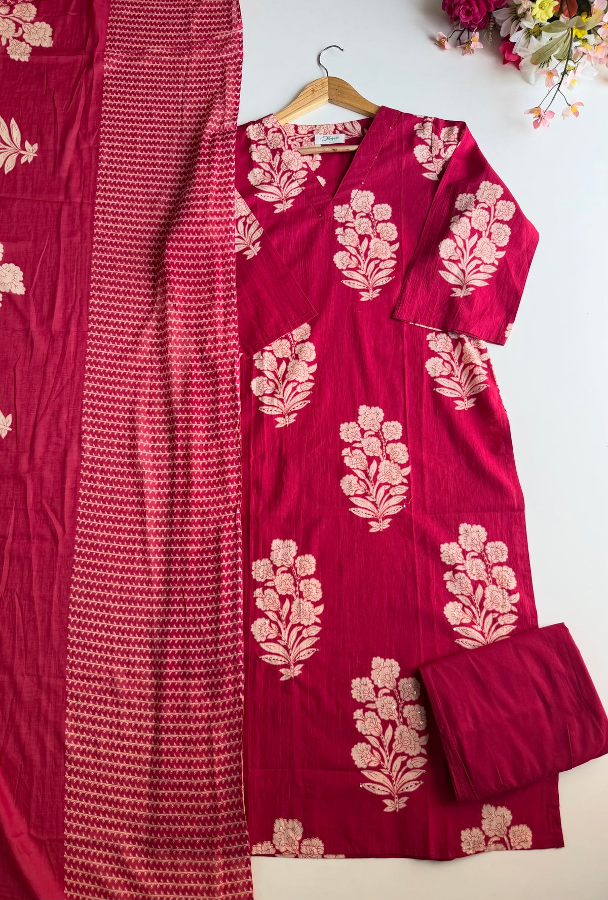 K180 - Mul cotton embroidered straight Kurti with pants and dupatta