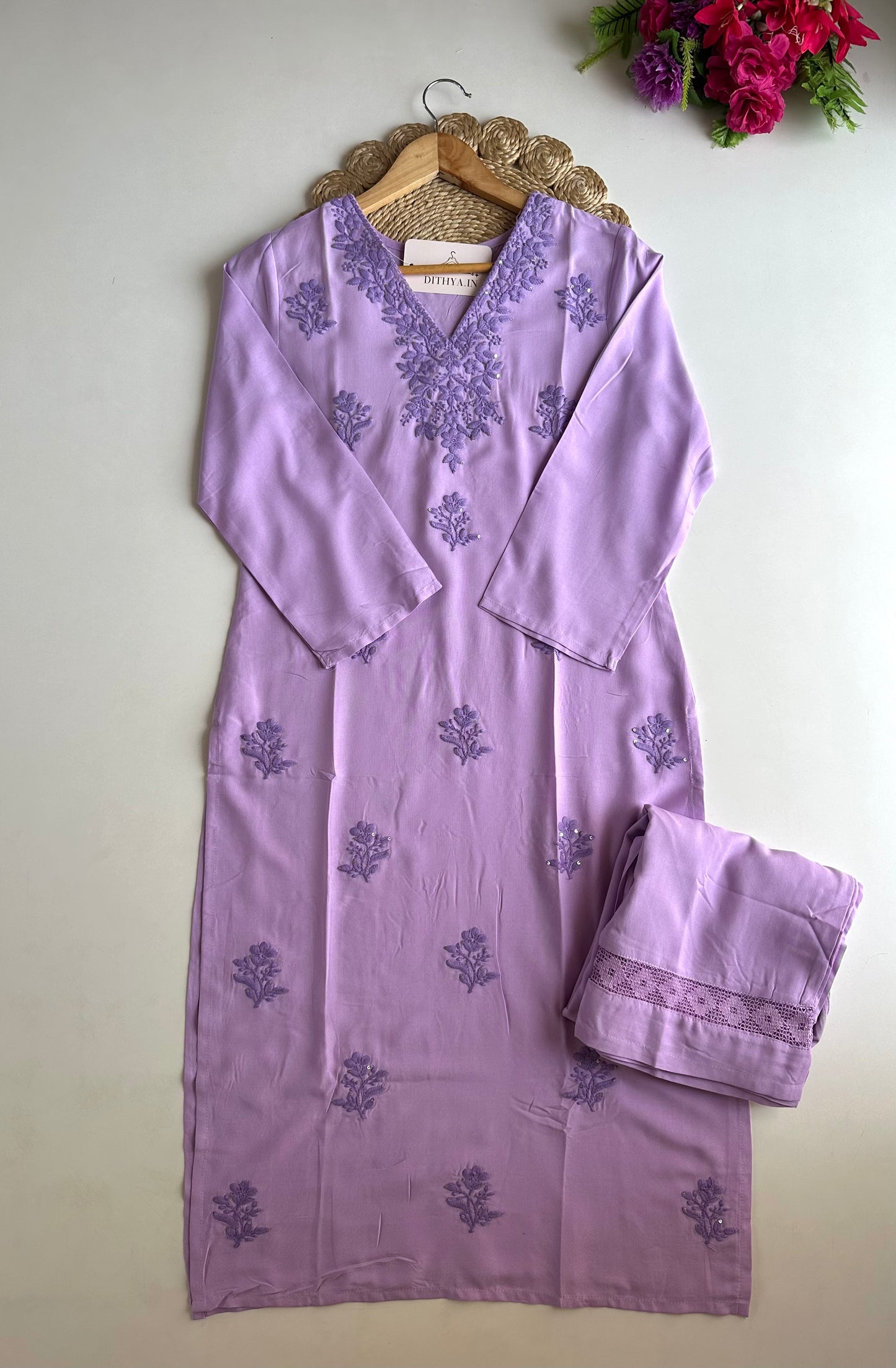 K246 - Mul cotton embroidered straight Kurti with pants