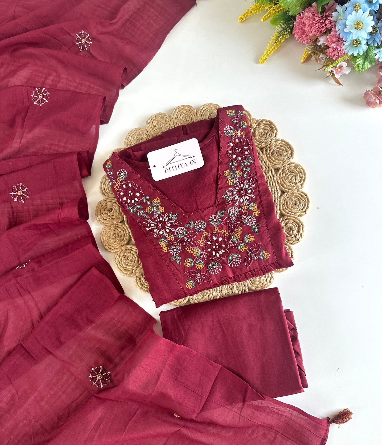 K395 - Mul cotton embroidered Anarkali with pants and dupatta