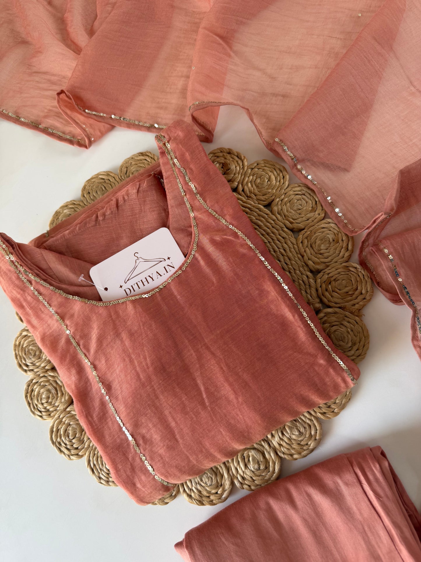 K089 - Mul chanderi handwork aline Kurti with pants and dupatta