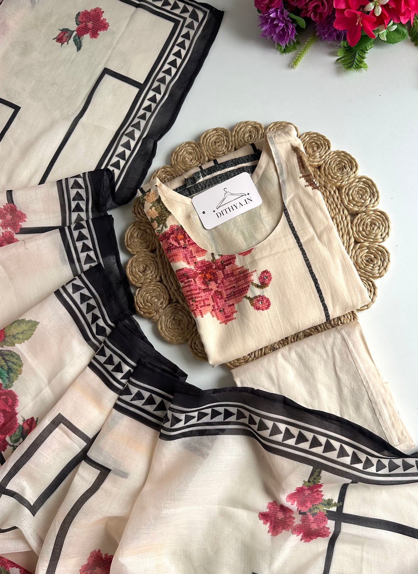K694 - Mul cotton printed straight Kurti with pants and dupatta
