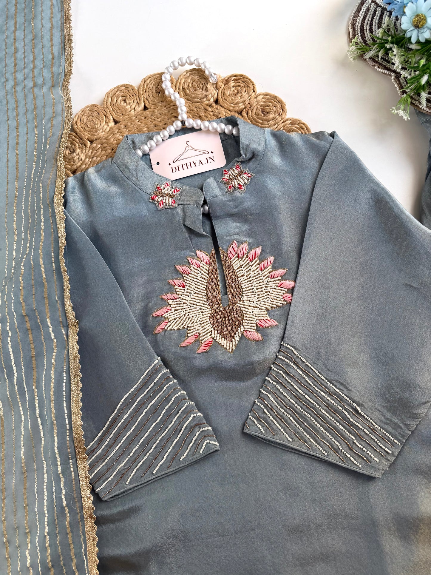 K229 - Tissue silk handwork short Kurti with divider pants and dupatta