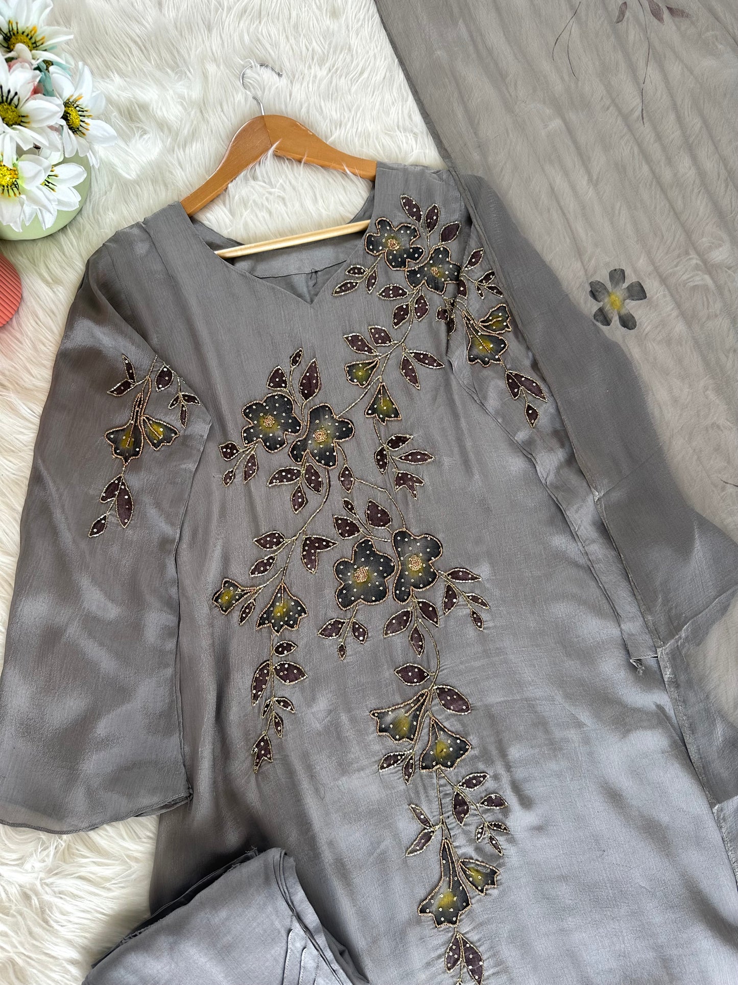 K380 - Chinnon handwork Aline Kurti with pants and chiffon dupatta