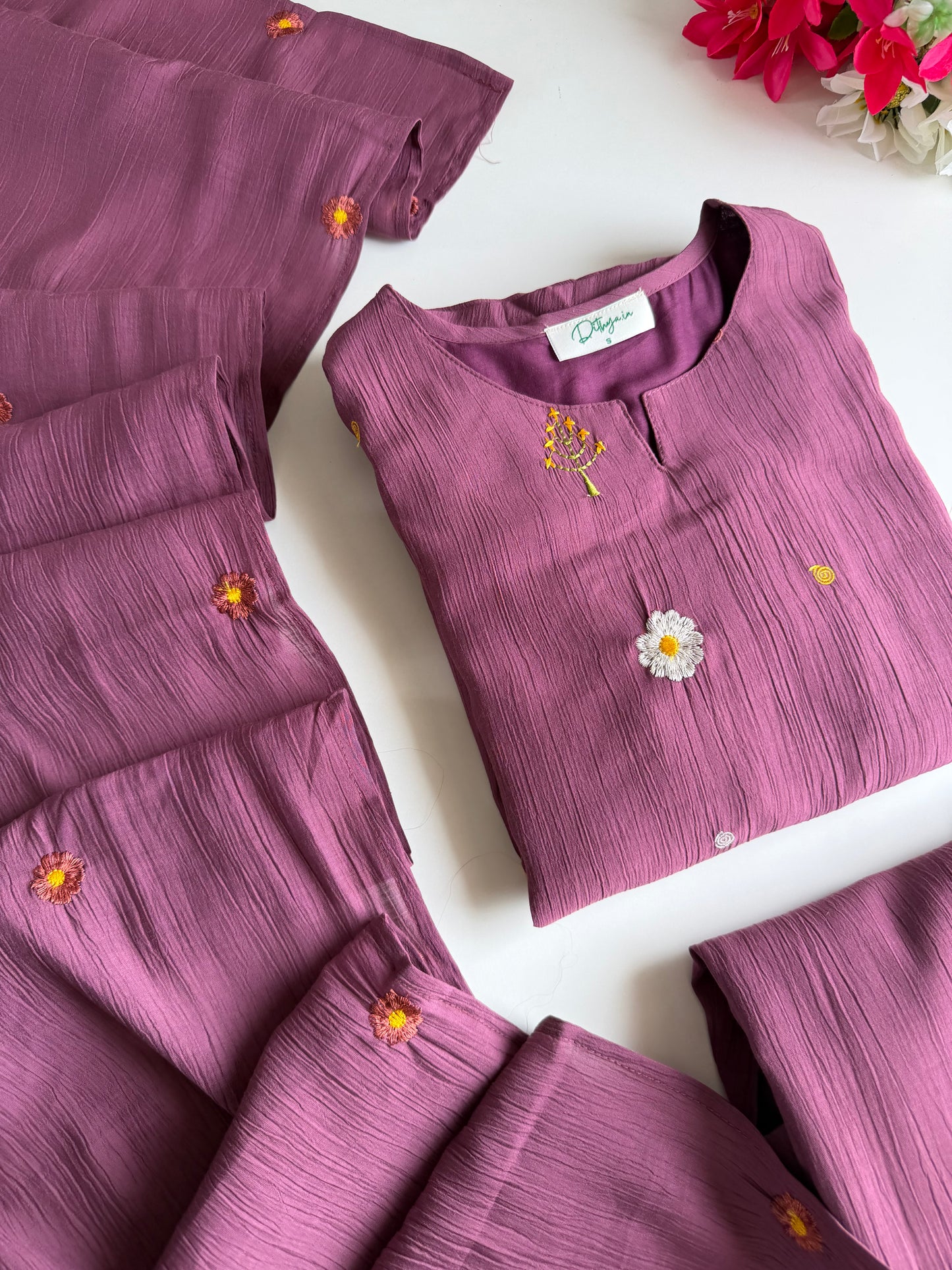 K445 - Imported crush cotton embroidered Aline Kurti with pants and dupatta