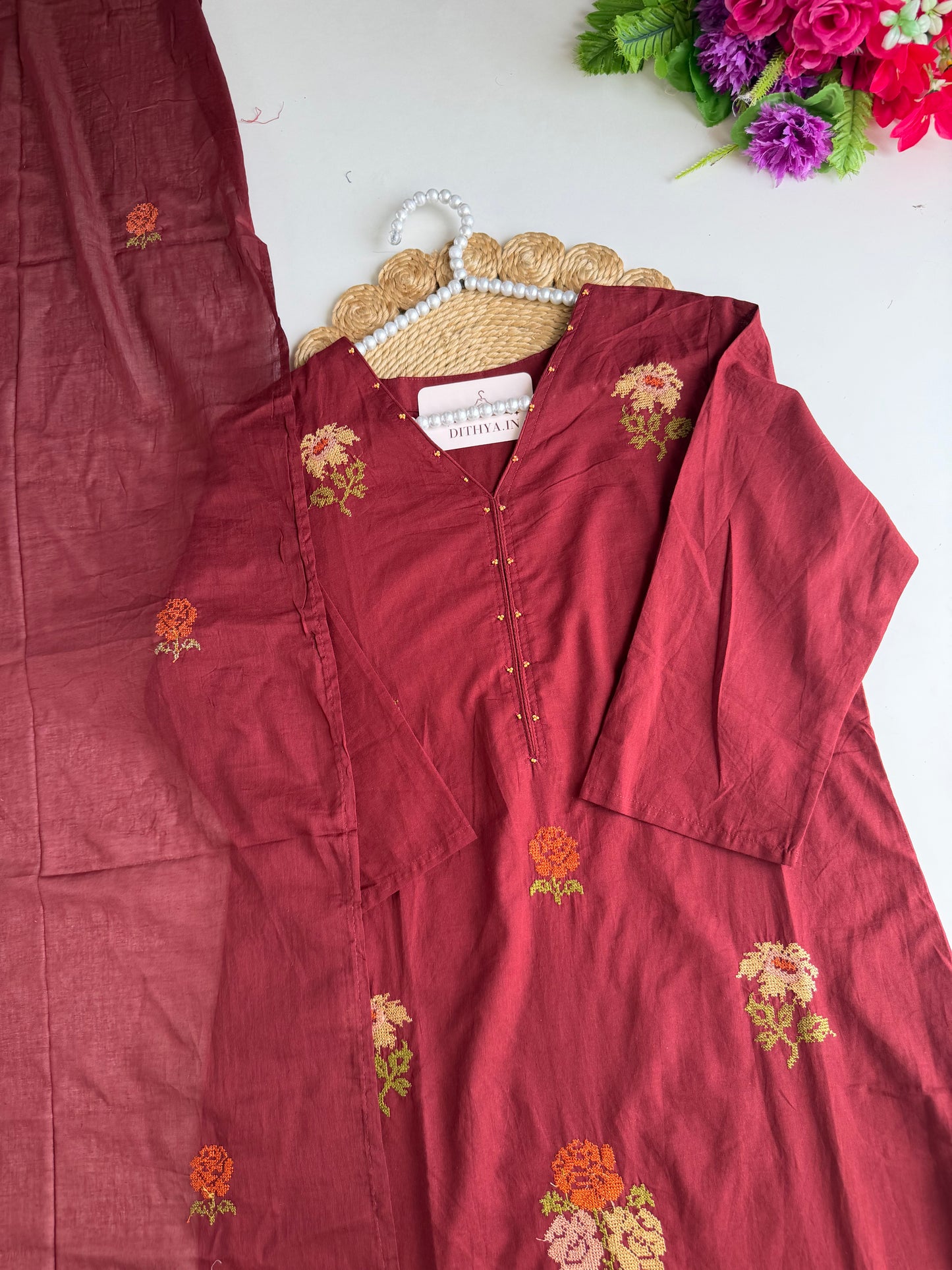 K210 - Mul cotton embroidered straight Kurti with pants and dupatta
