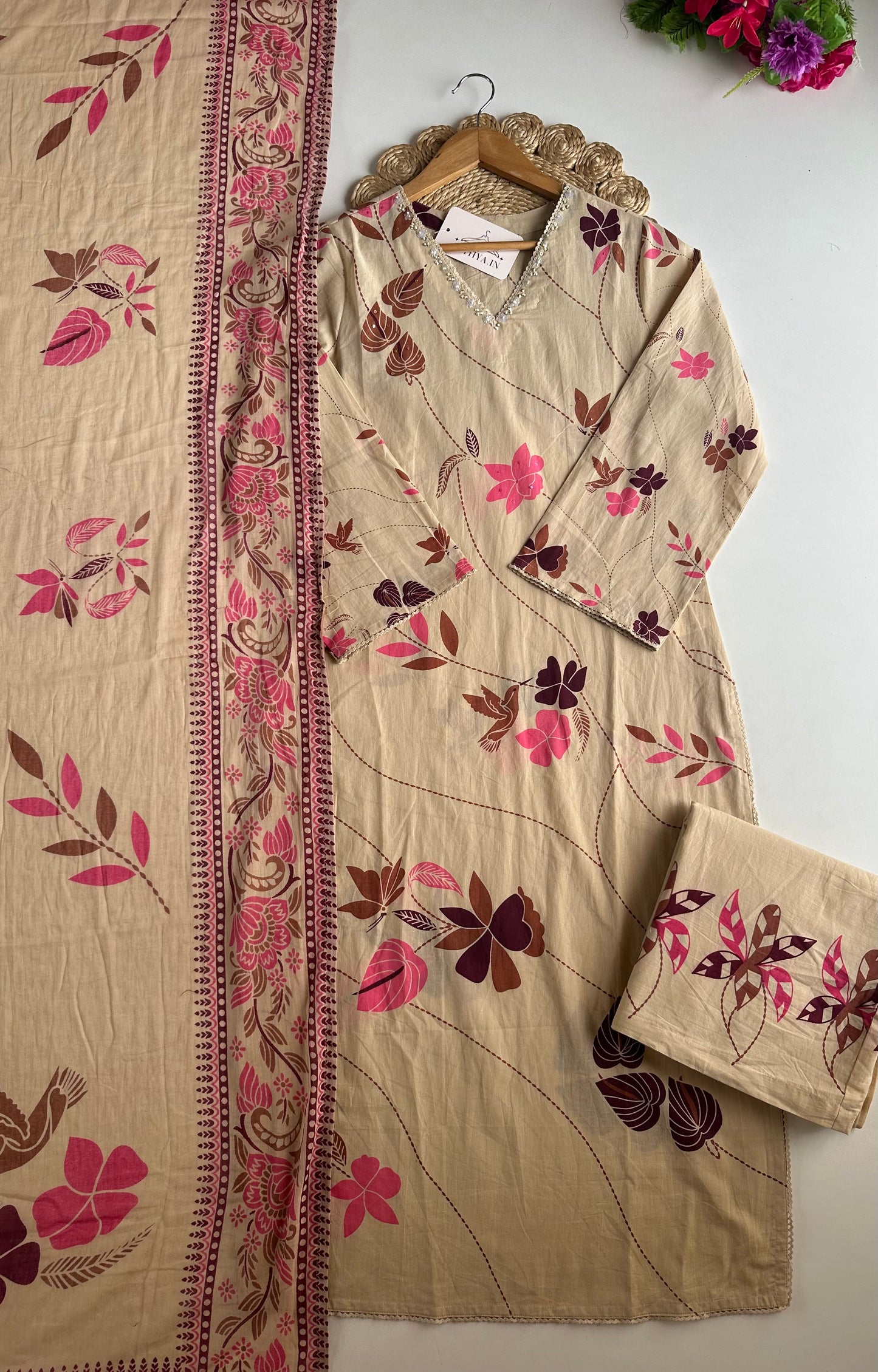 K146 - Mul cotton embroidered straight Kurti with pants and dupatta