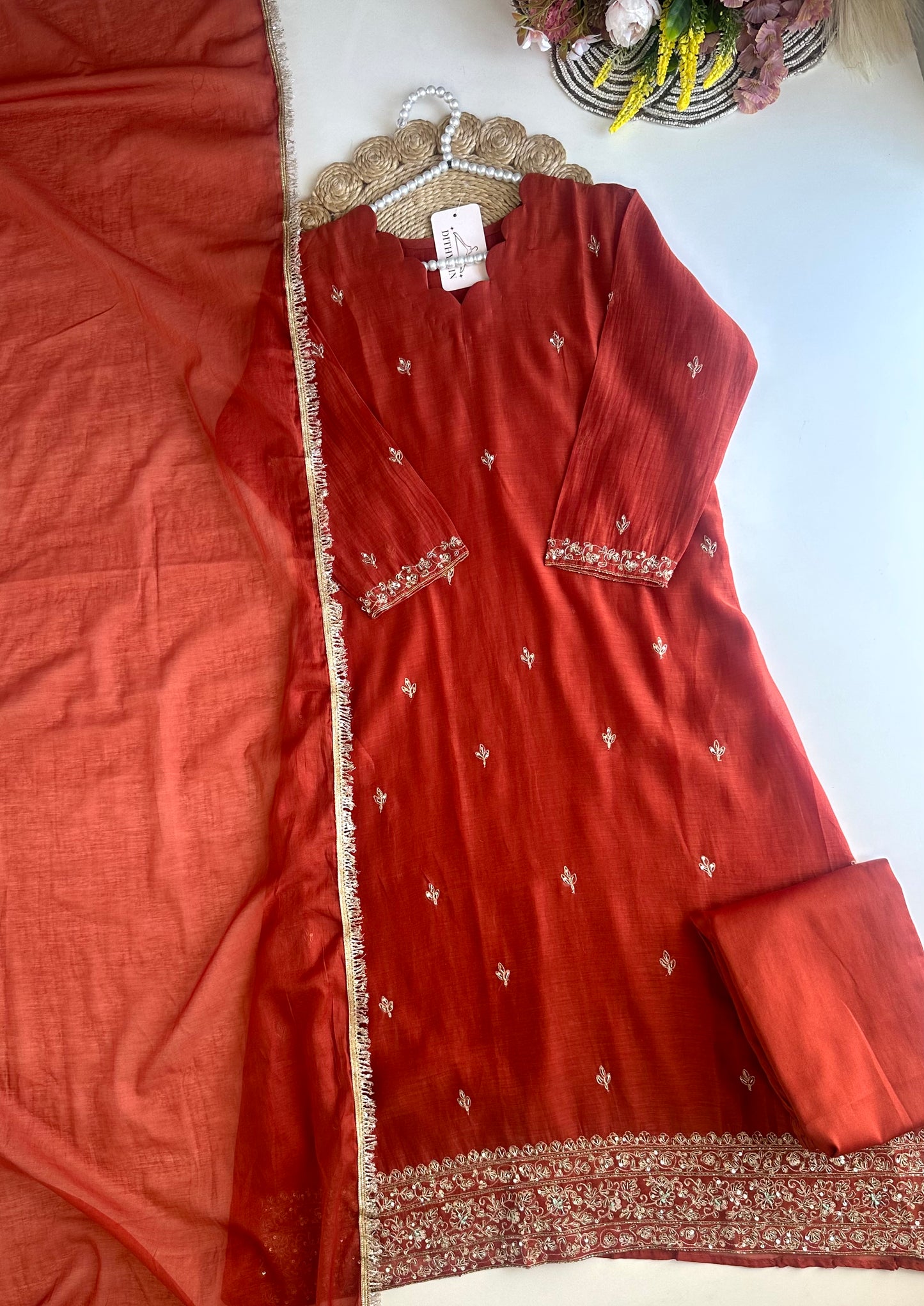 K430 - Mul Chanderi handwork Anarkali with pants and dupatta in 2 colours