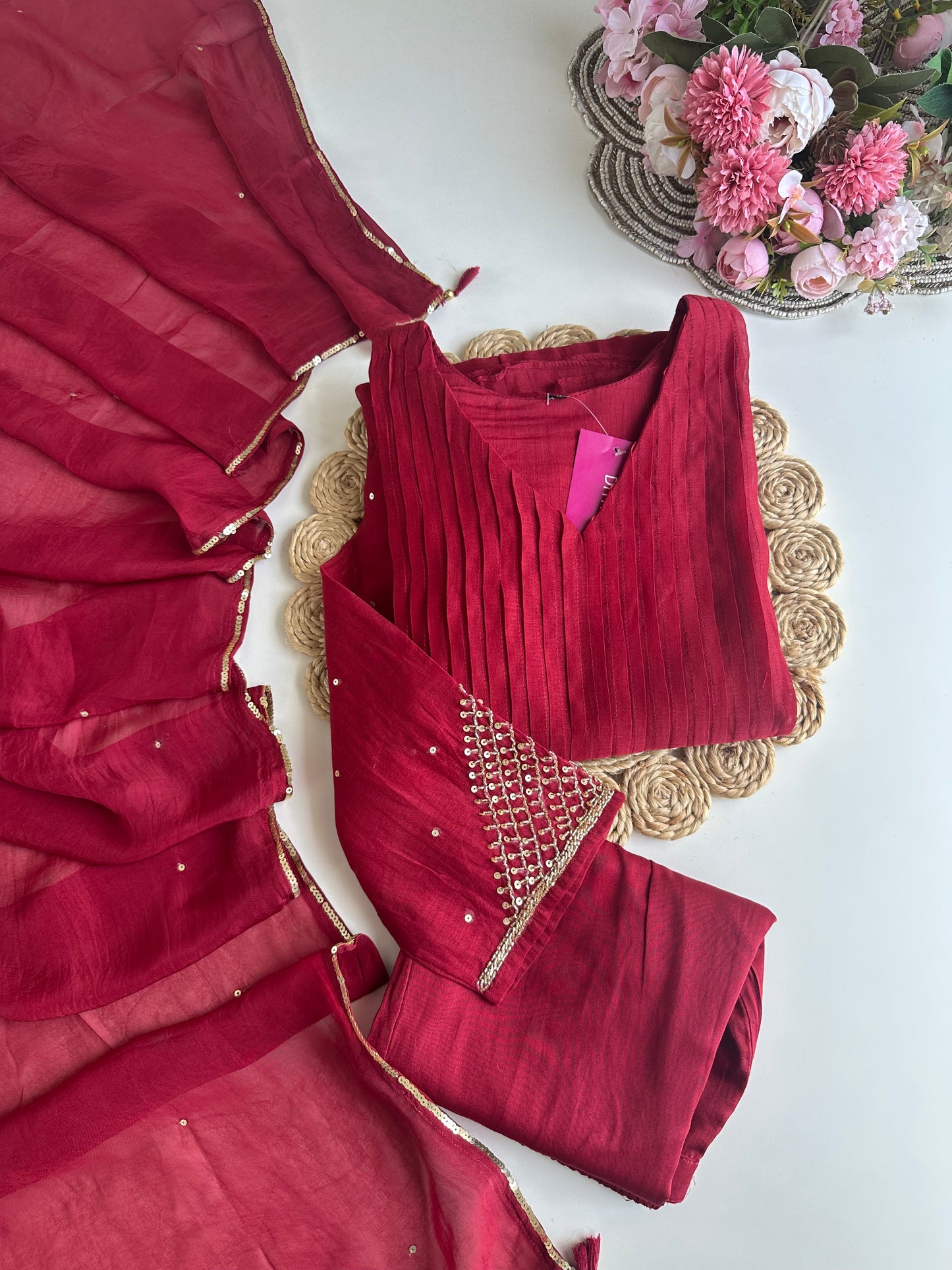 K395 - Mul Chanderi Handwork Aline Kurti with pants and dupatta