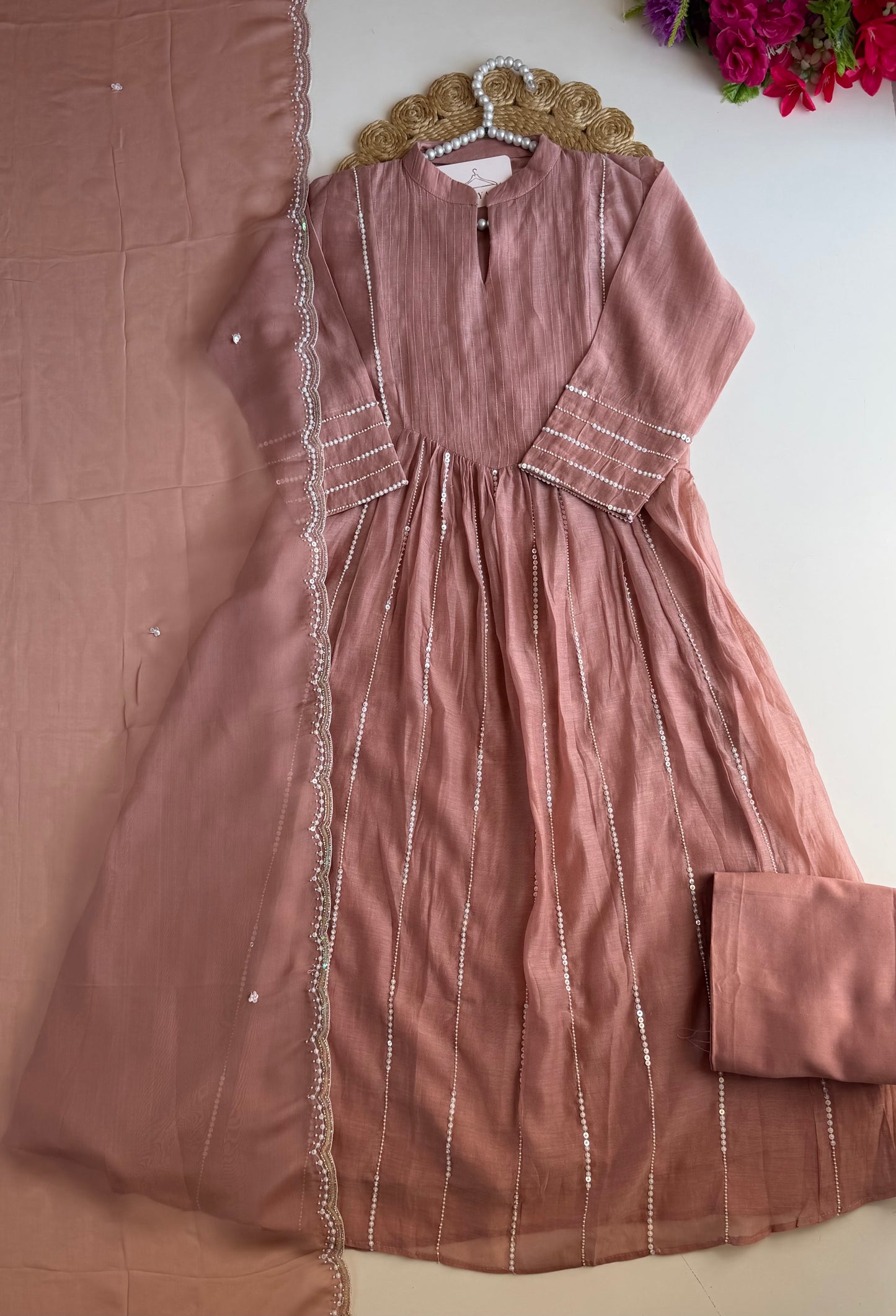 K318 - Mul chanderi handwork Anarkali with pants and dupatta