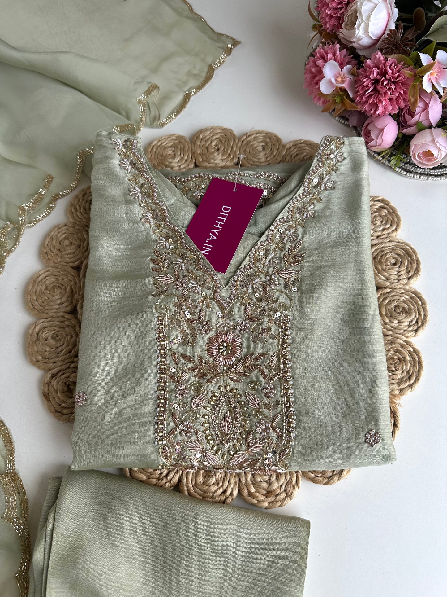 K428 - Russian silk handwork straight Kurti with pants and dupatta