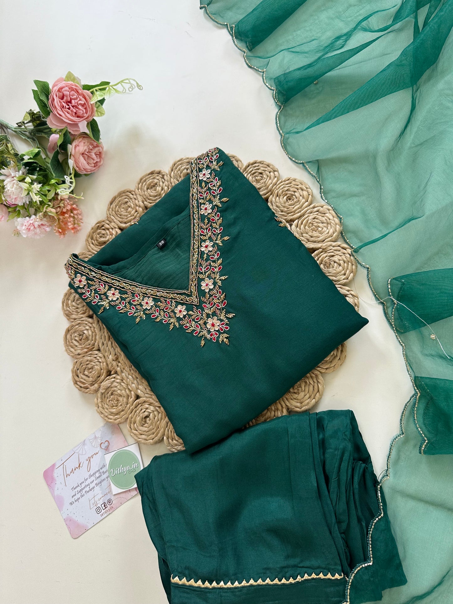 K315 - Muslin silk handwork straight kurti with straight pants and organza dupatta .