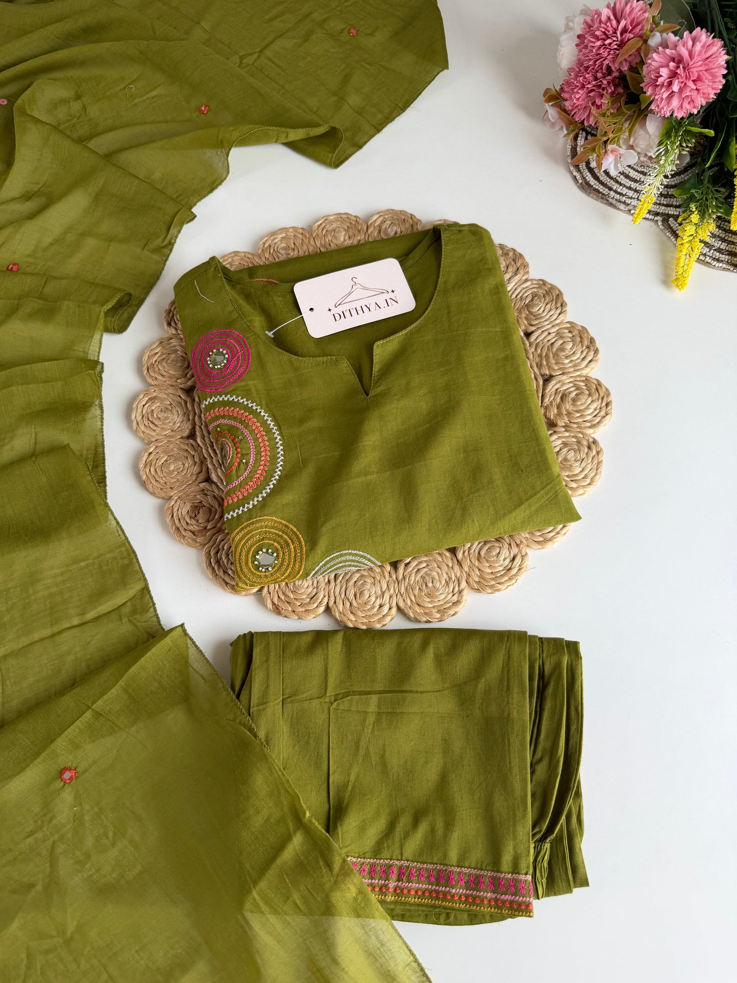 K668 - Mul cotton embroidered straight Kurti with pants and dupatta