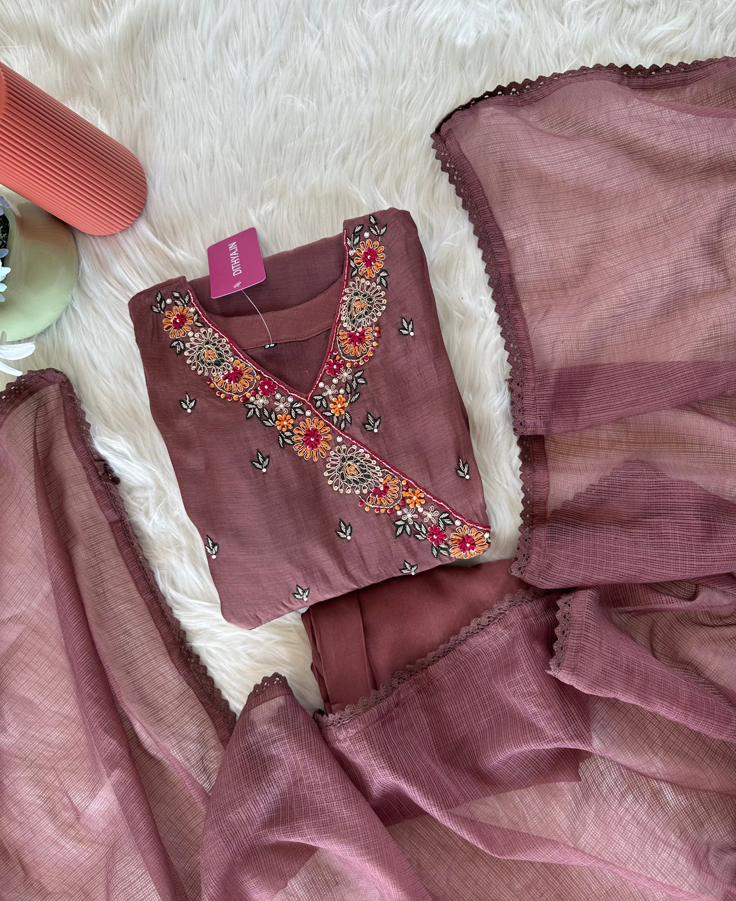 K404 - Mul Chanderi Handwork Angrakha Aline Kurti with pants and dupatta