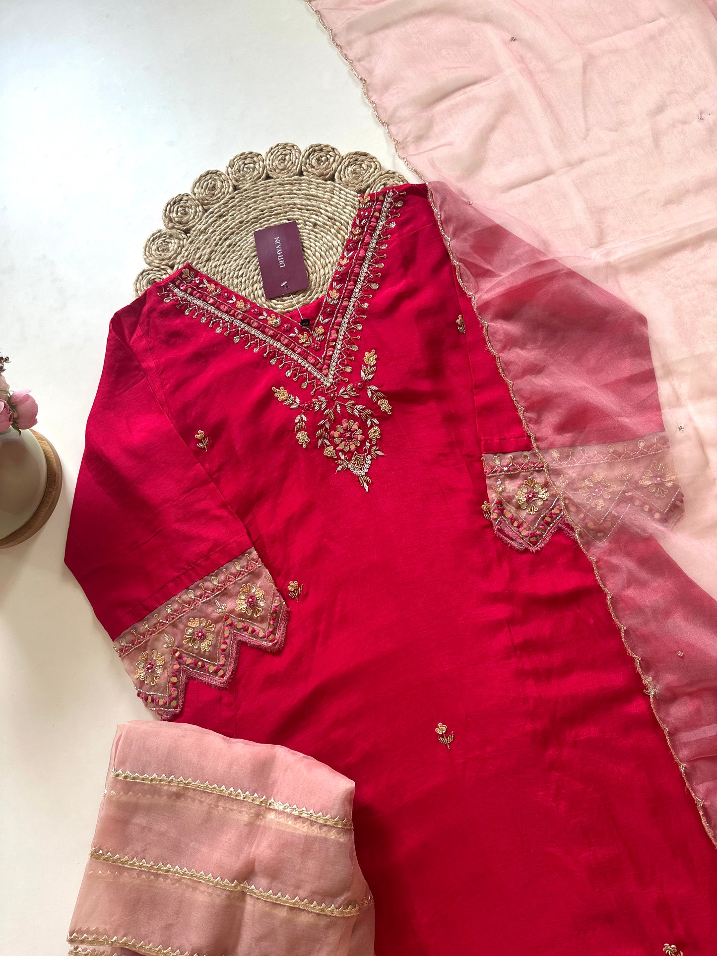 K189 - Handwork Russian silk Anarkali with pants and organza dupatta.