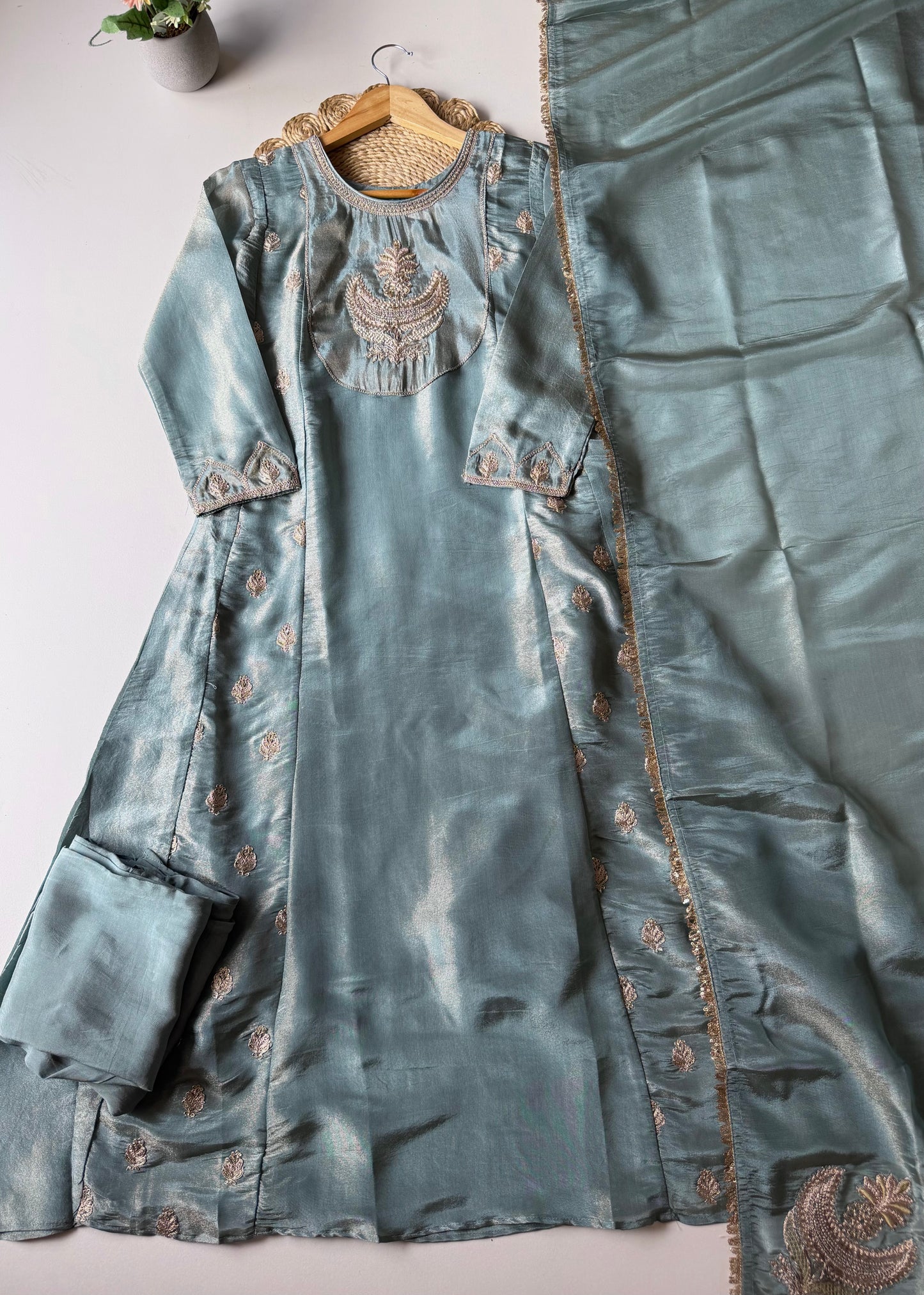 K092 - Tissue silk zari Anarkali with pants and dupatta