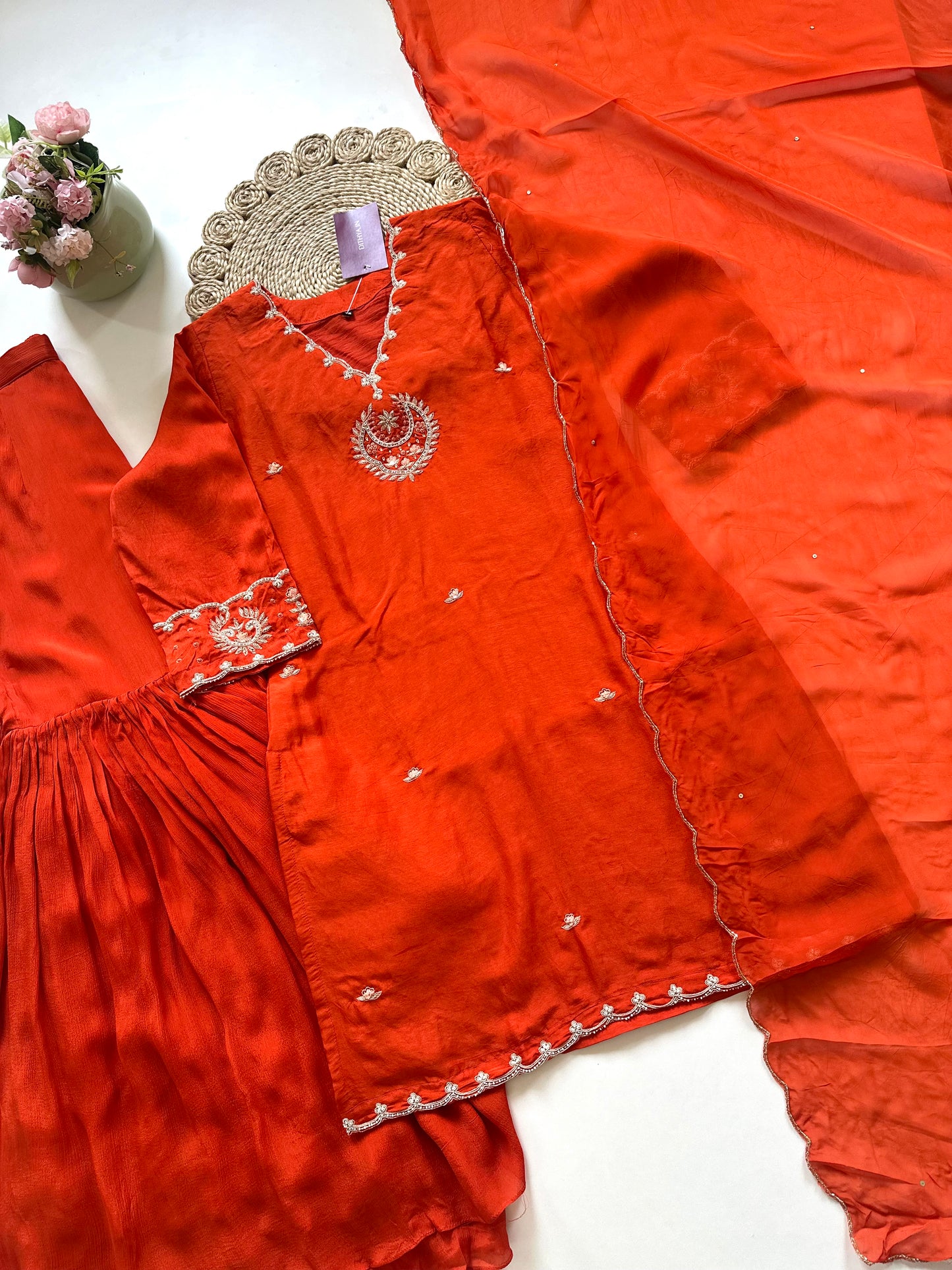 K067 - Russian silk Handwork Short kurti with sharara and dupatta .