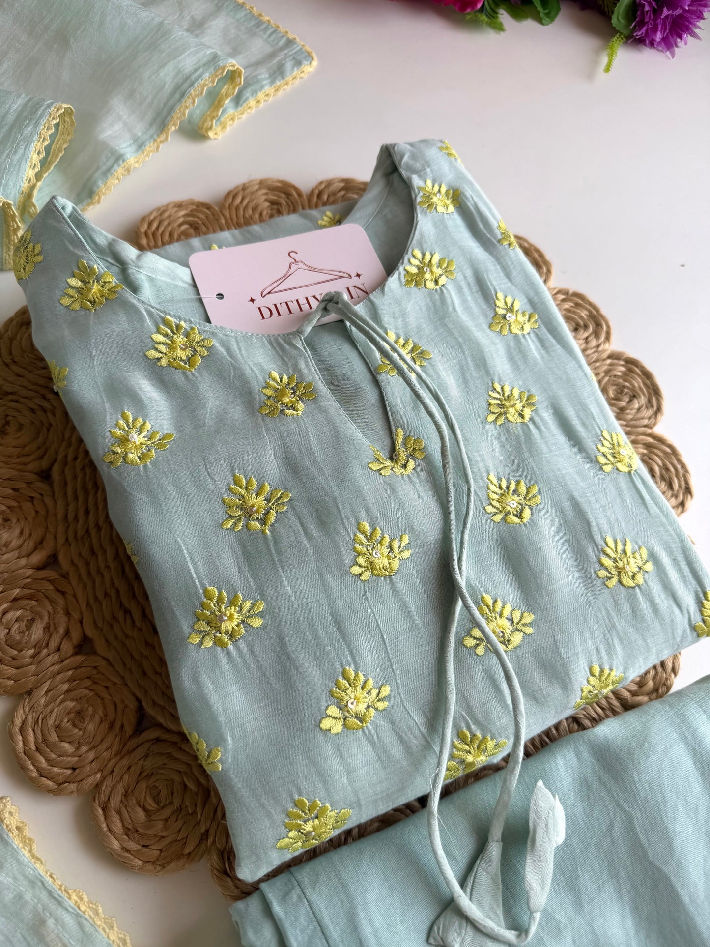 K679 - Mul chanderi embroidered Aline Kurti with pants and dupatta