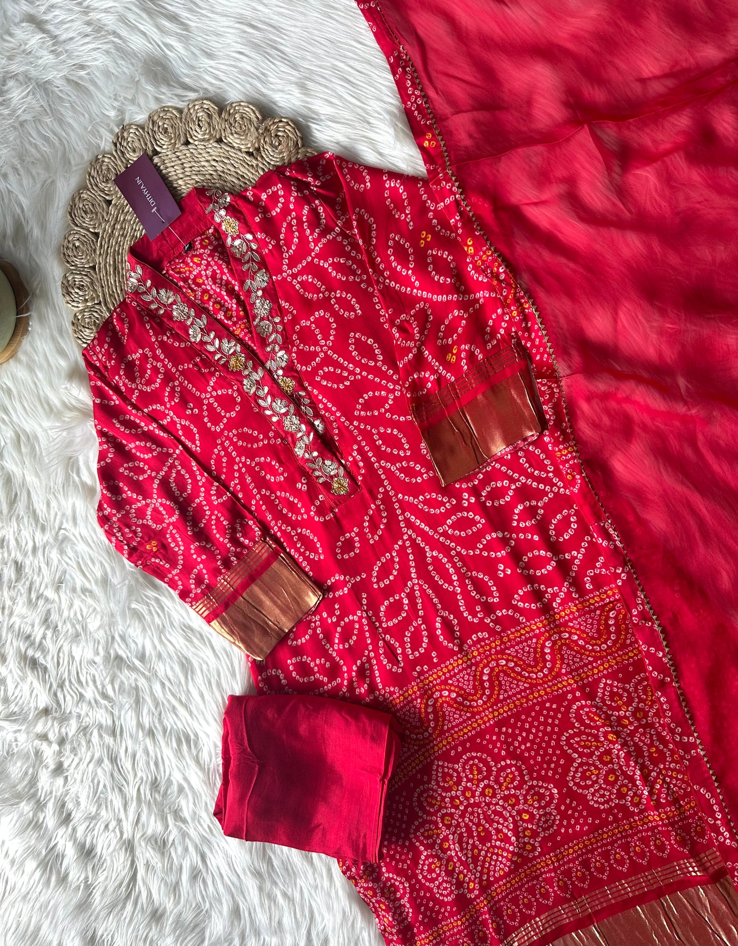 K043 - Bandhini Gaji silk Straight kurti with pants and dupatta.