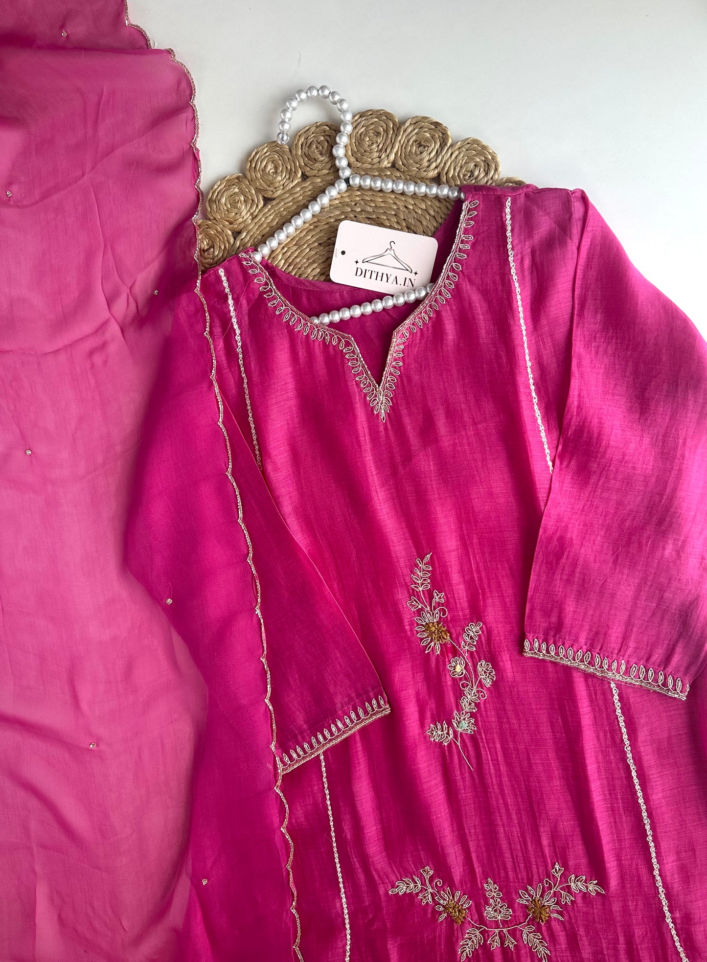 K477 - Mul Chanderi handwork Aline Kurti with pants and dupatta
