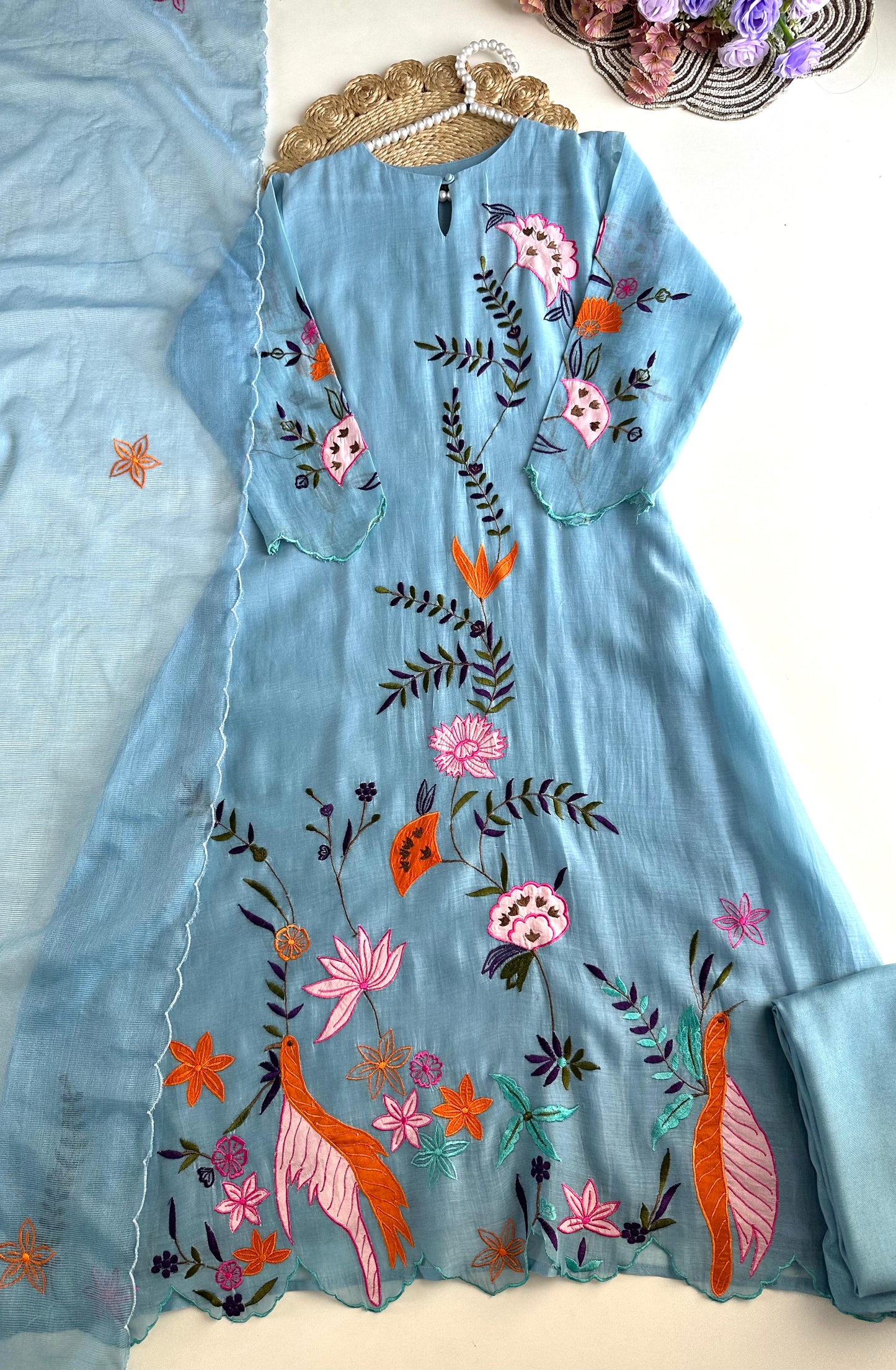 K367 - Mul Chanderi appliqué work Aline Kurti with pants and dupatta