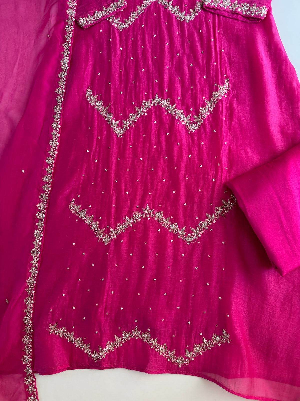 K210-Pure Banarasi Mul chanderi handwork aline Kurti with pants and dupatta