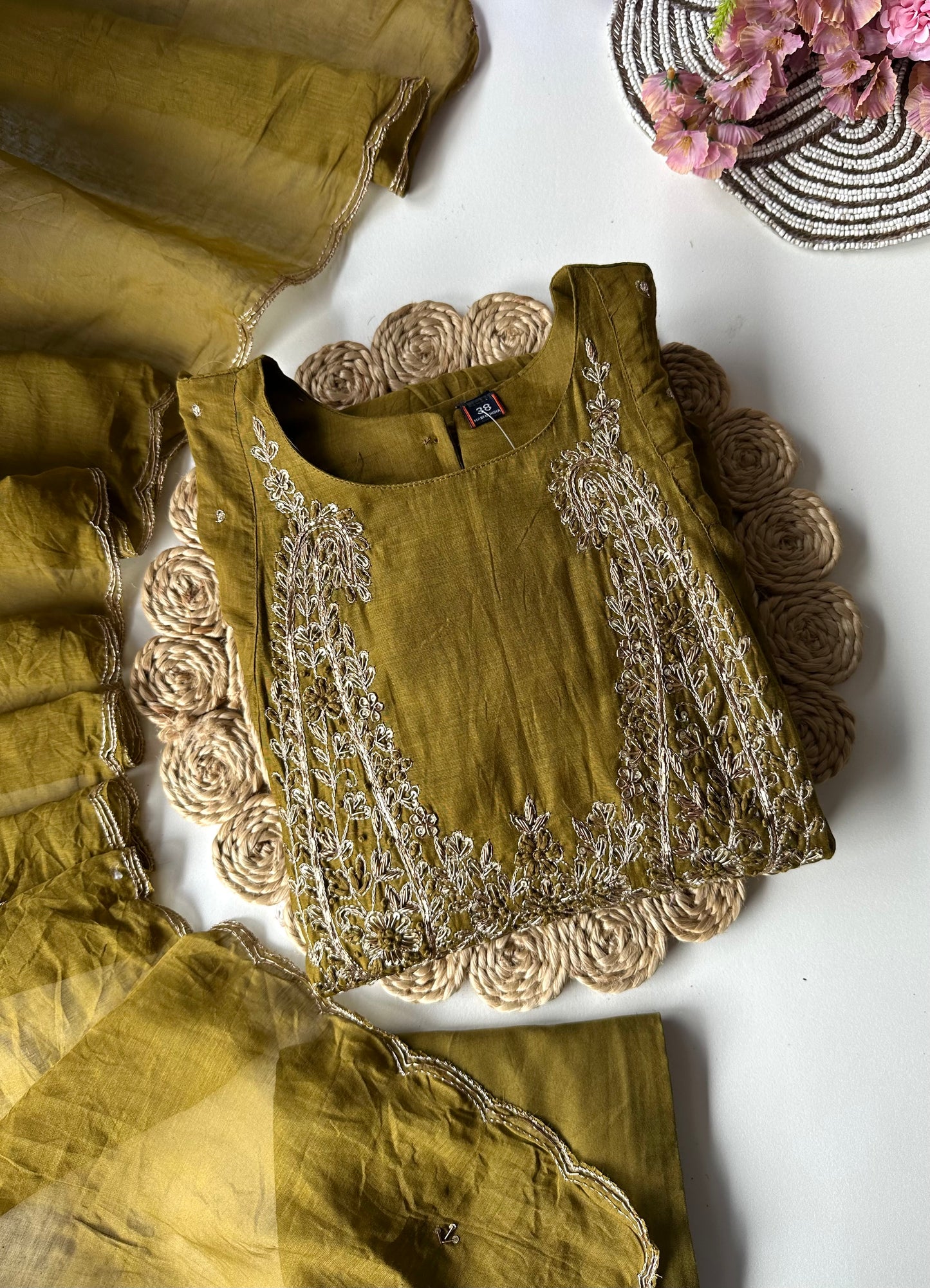 K197 - Mul Chanderi zari work Aline Kurti with pants and dupatta