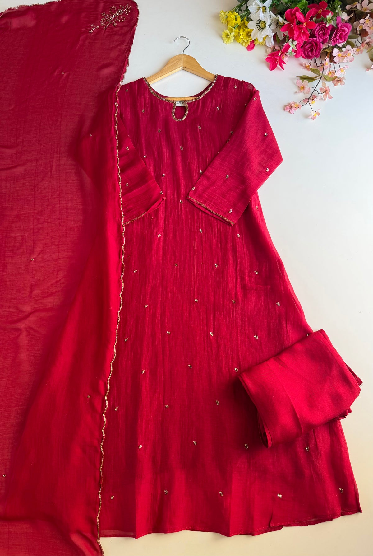 K075 - Pure Banarasi Mul chanderi handwork aline Kurti with pants and dupatta
