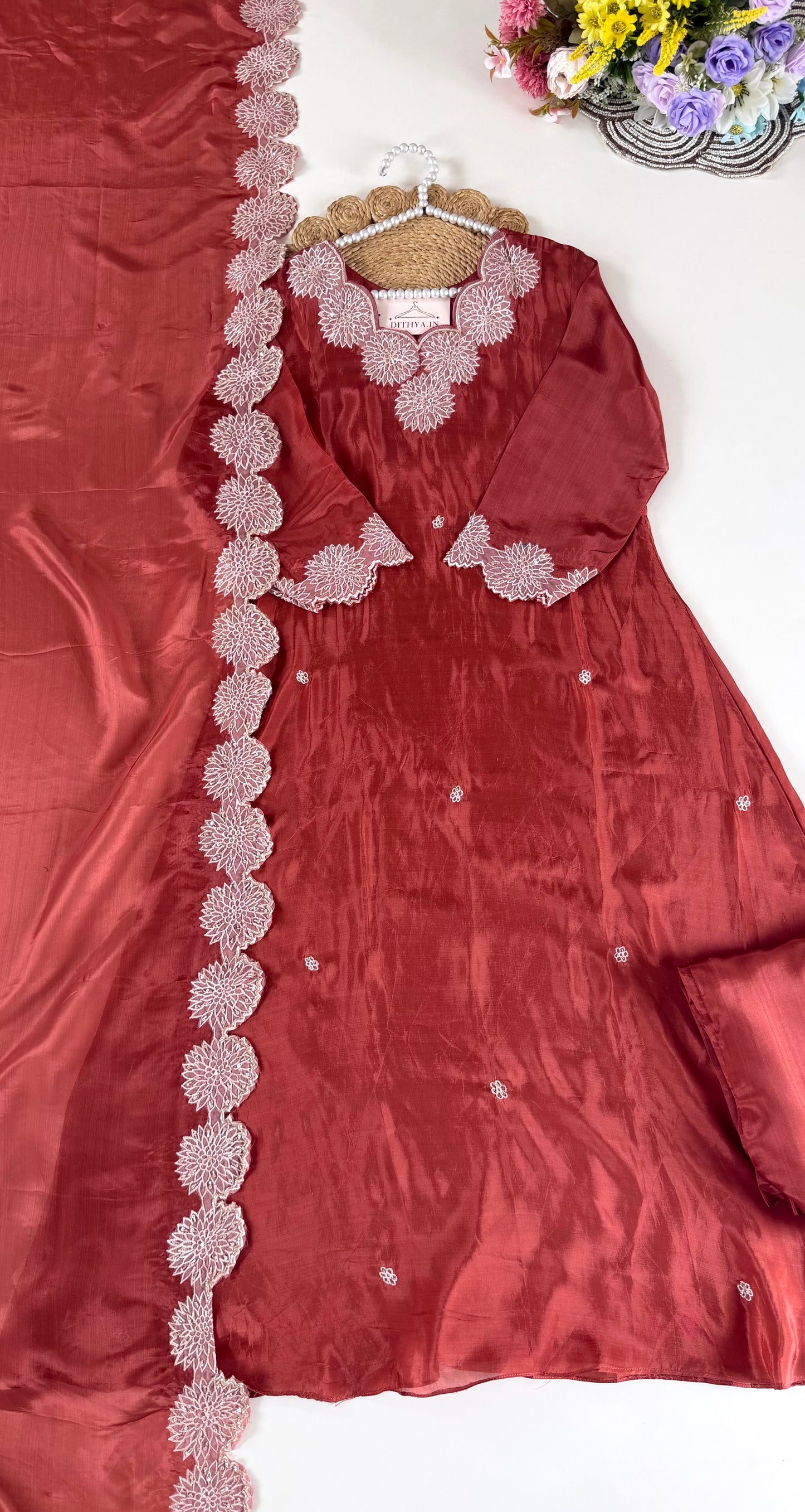 K467 - Pure Ho silk handwork aline Kurti with pants and dupatta
