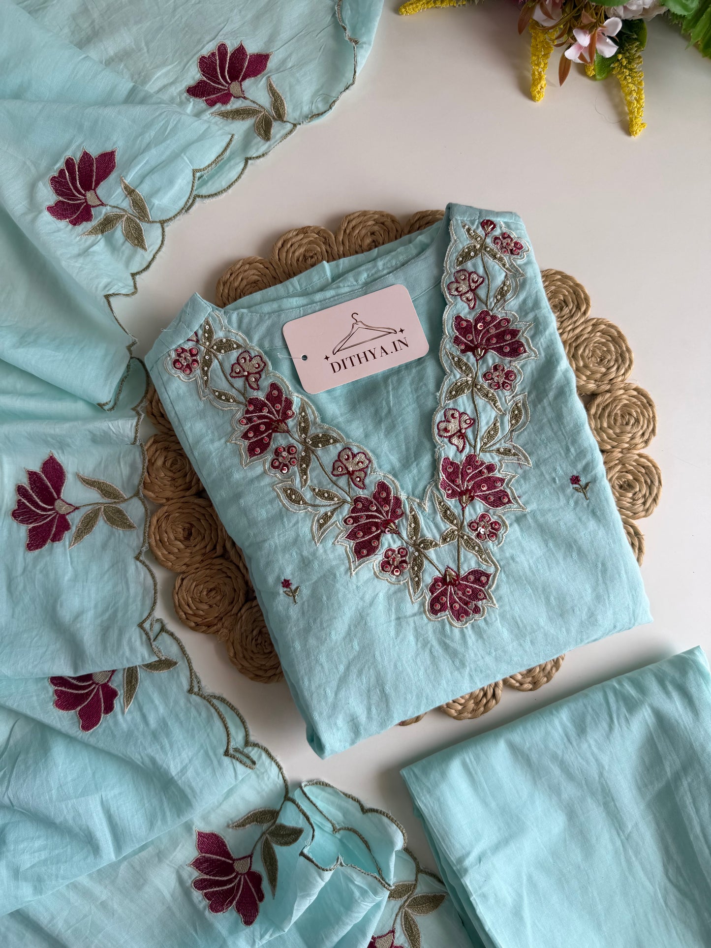 K011 - Mul cotton embroidered Anarkali with pants and dupatta