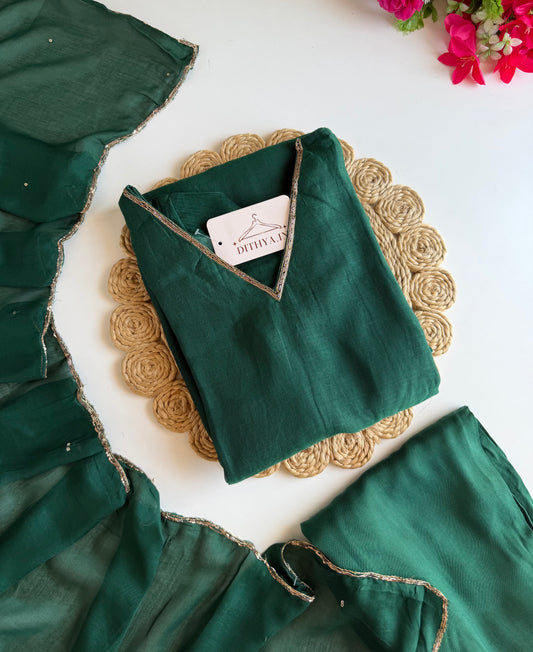 K260 - Mul chanderi handwork Aline Kurti with pants and dupatta