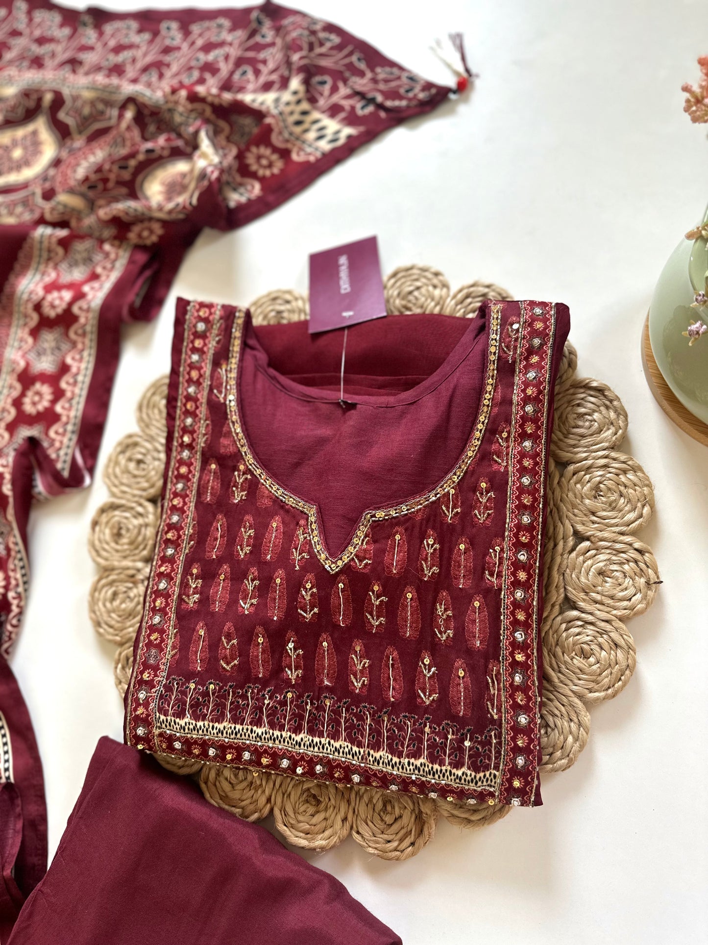 K105 - Russian silk handwork Straight kurti with pants and gaji dupatta .