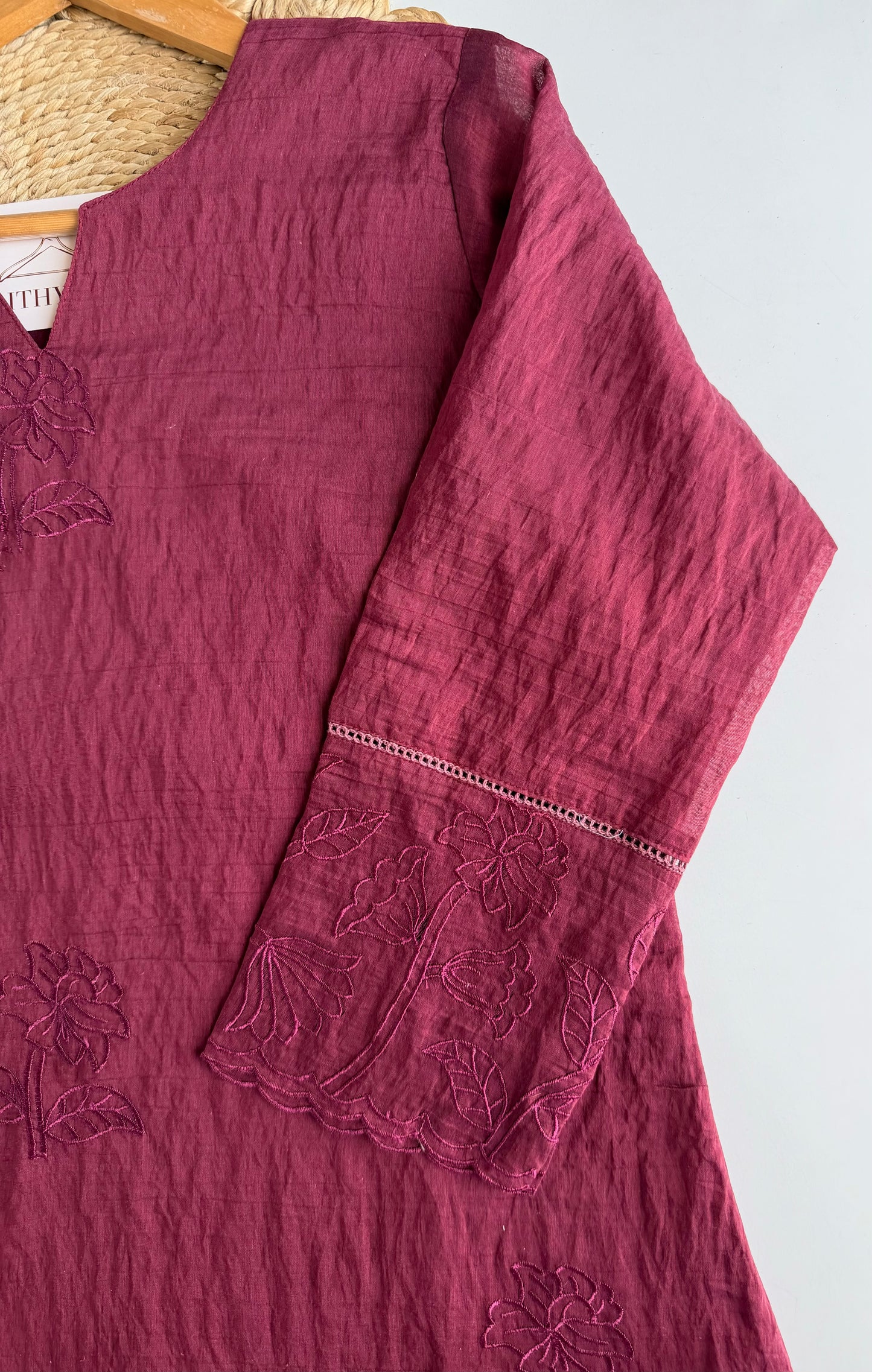 K208 - Crushed Mul chanderi embroidered straight Kurti with pants and dupatta in 2 colours