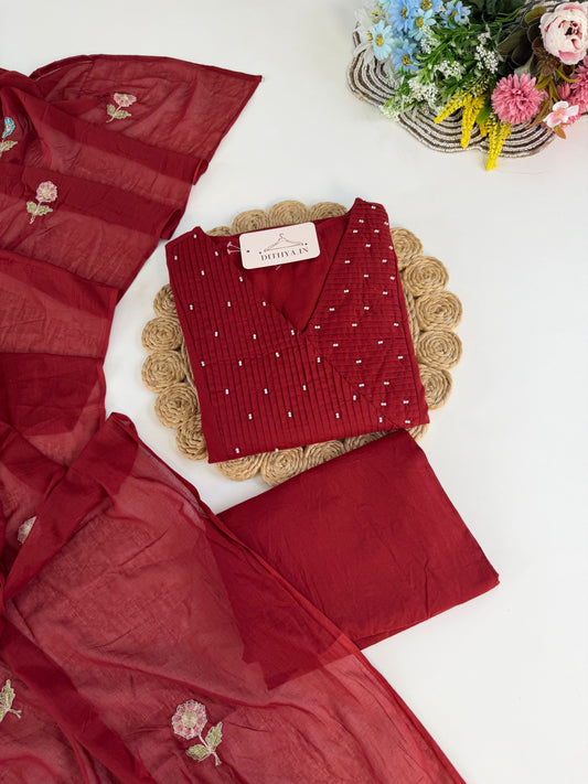 K651 - Mul cotton embroidered Anarkali with pants and dupatta