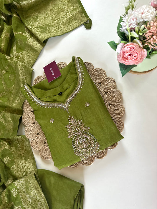 K037 - Russian silk Handwork straight kurti with pants and Banarasi silk dupatta .