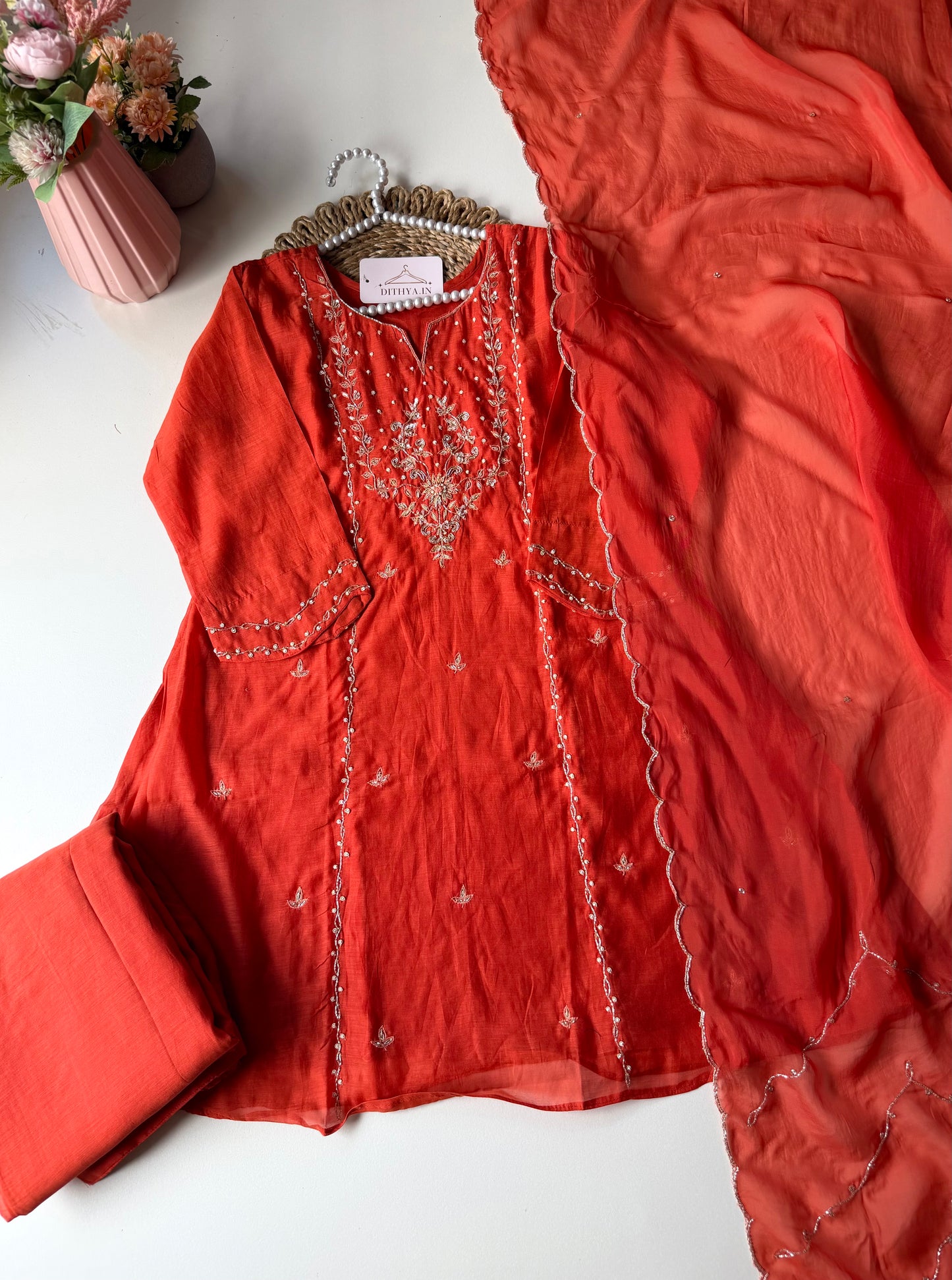 K589 - Mul chanderi handwork short Kurti with palazzo and dupatta