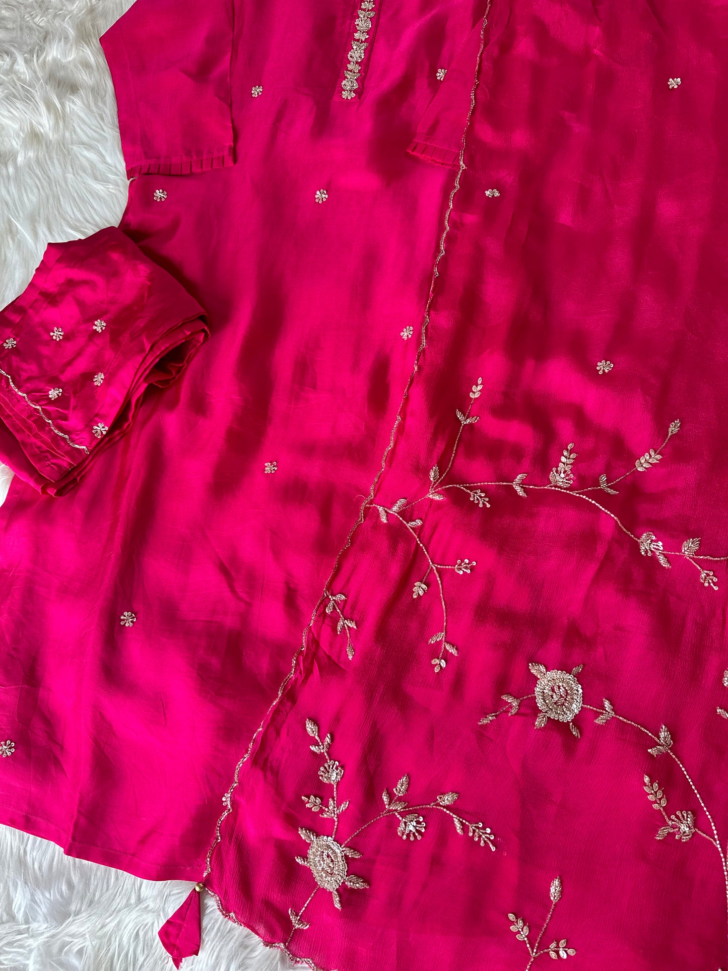 K041 - Russian silk handwork straight kurti with pants and heavy dupatta.