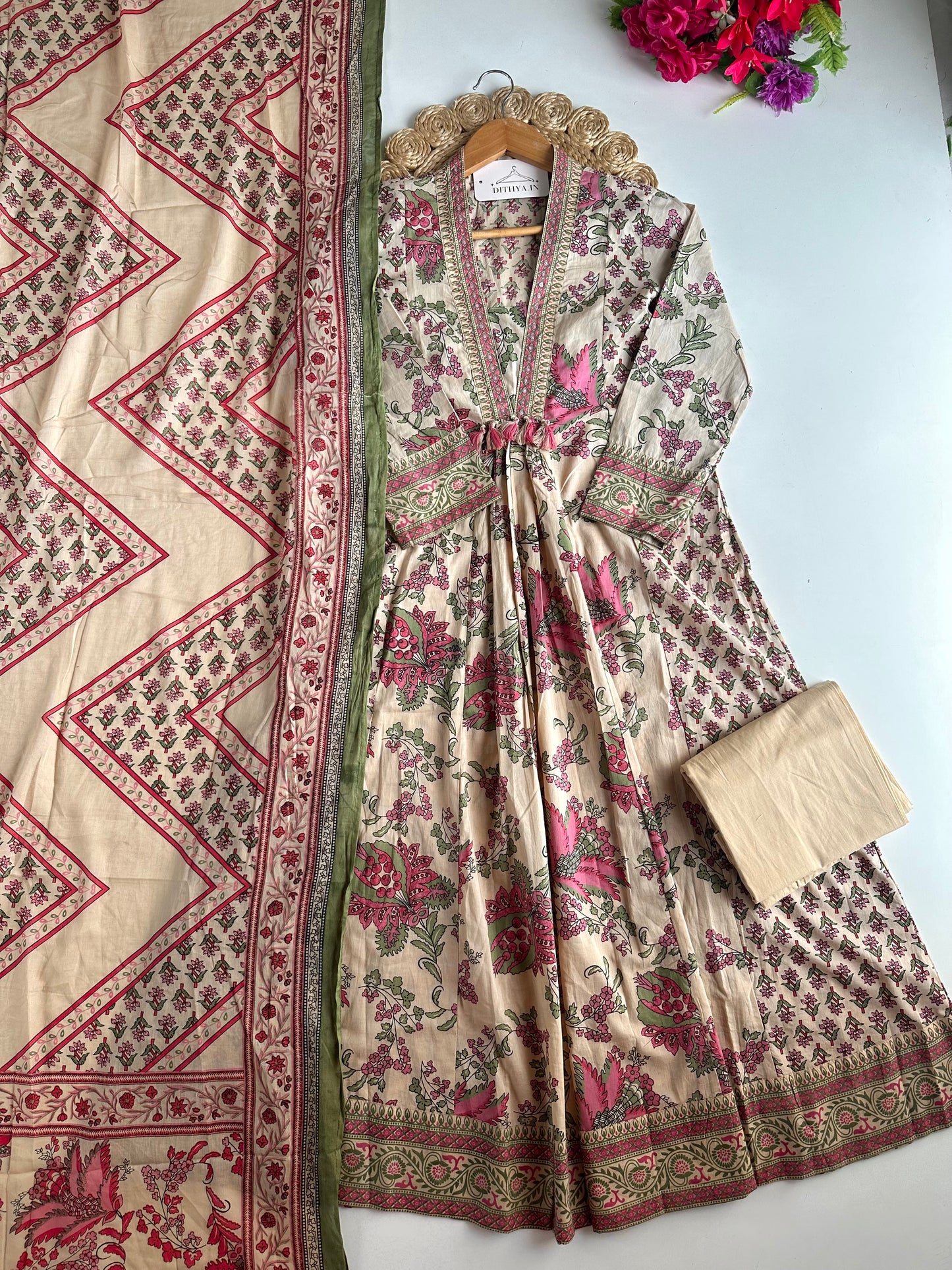 K718 - Mul cotton printed floral Anarkali with pants and dupatta
