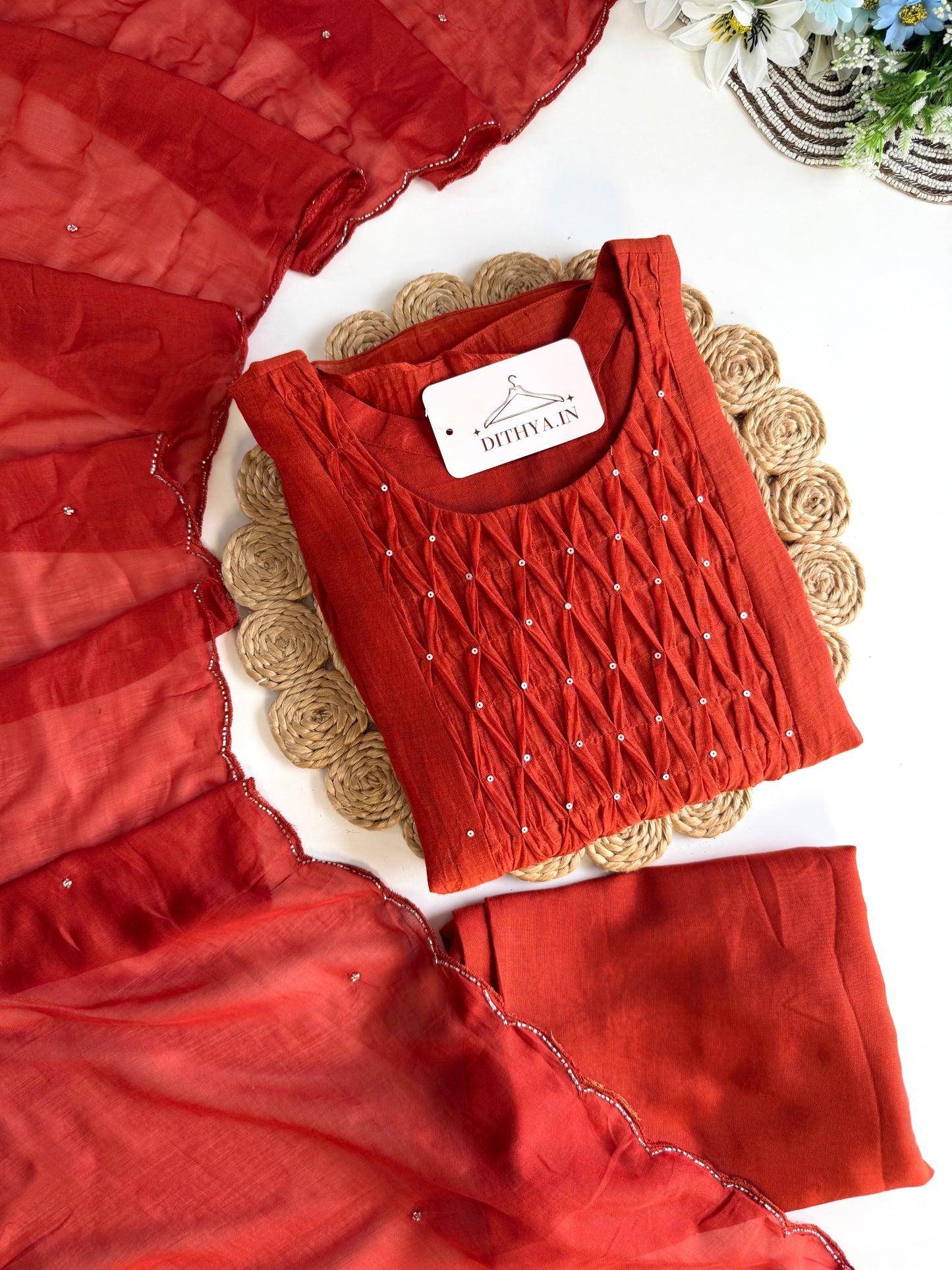 K217 - Mul chanderi handwork Anarkali with pants and dupatta