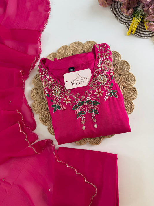 K520 - Russian silk handwork aline Kurti with pants and dupatta