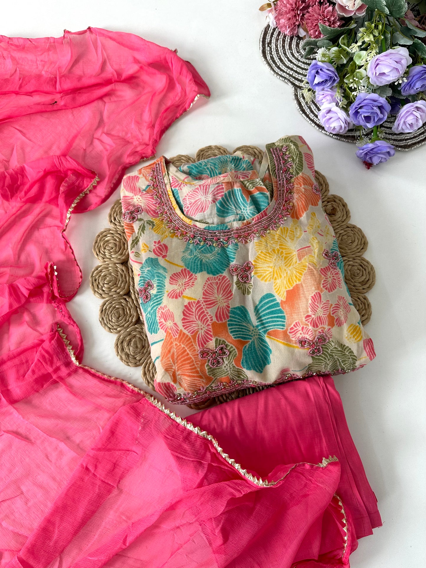 D050 -Muslin silk Anarkali with pants and dupatta