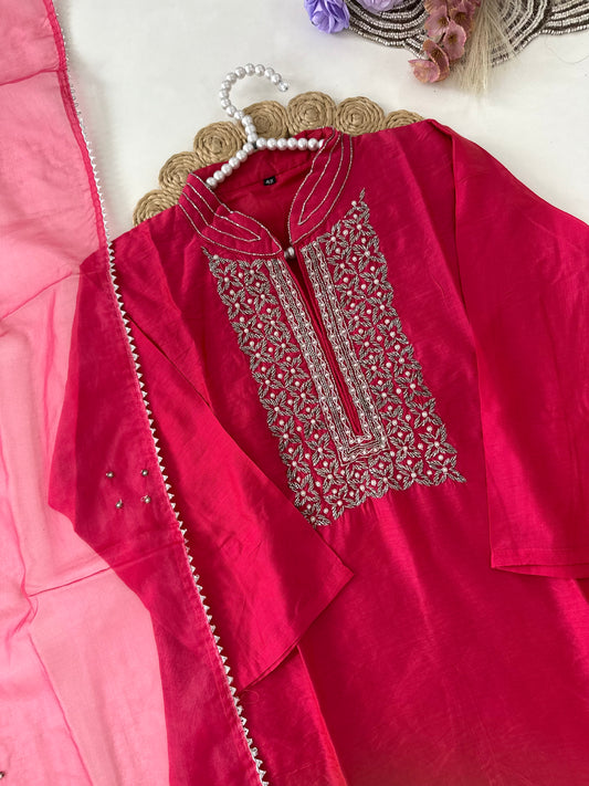 D416-Dola silk straight kurti with pants and dupatta