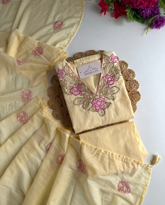 K109 - Self Mul cotton embroidered Aline Kurti with pants and dupatta