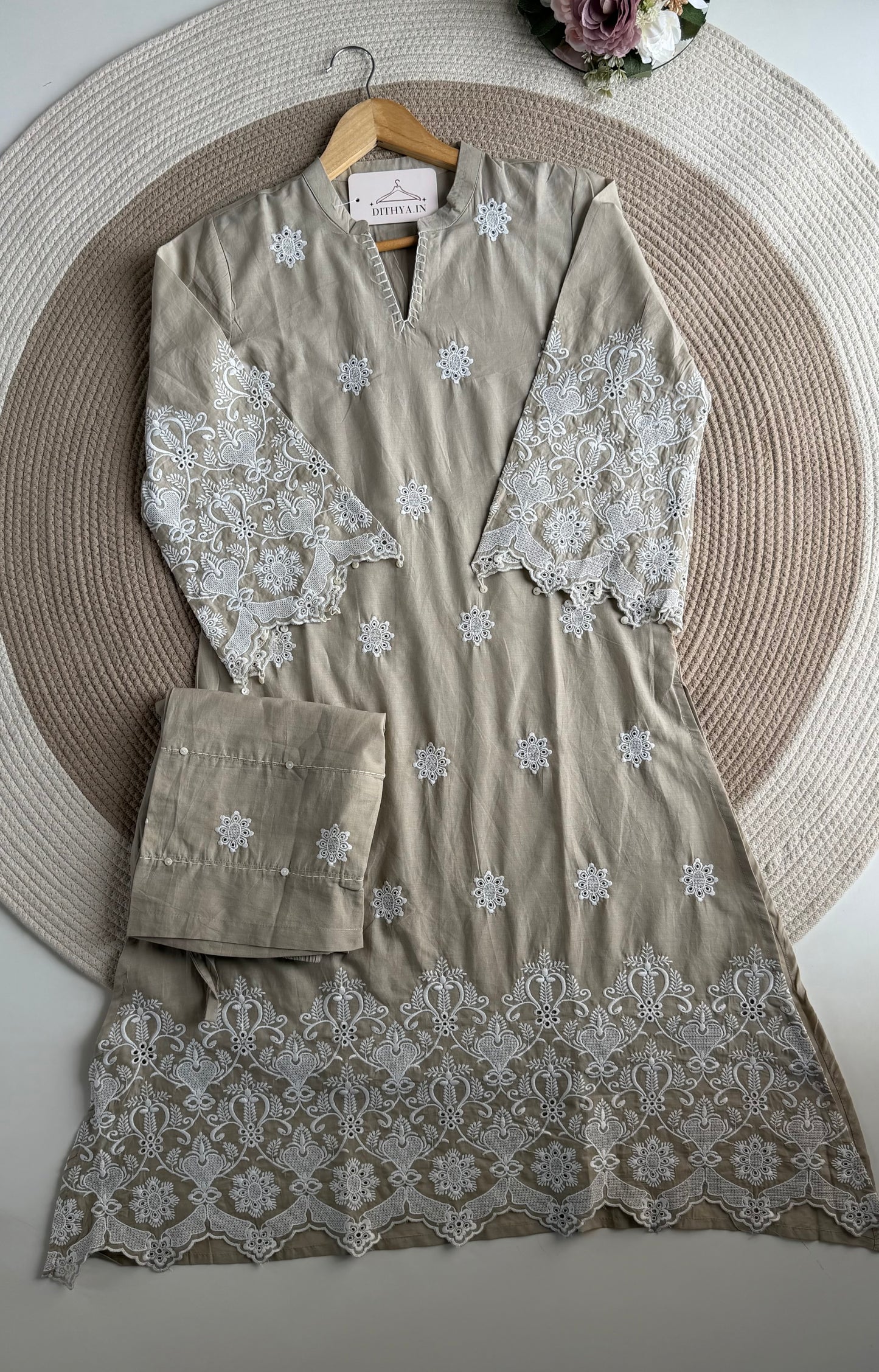 K718 - Cotton embroidered Aline Kurti with pants in 3 colours